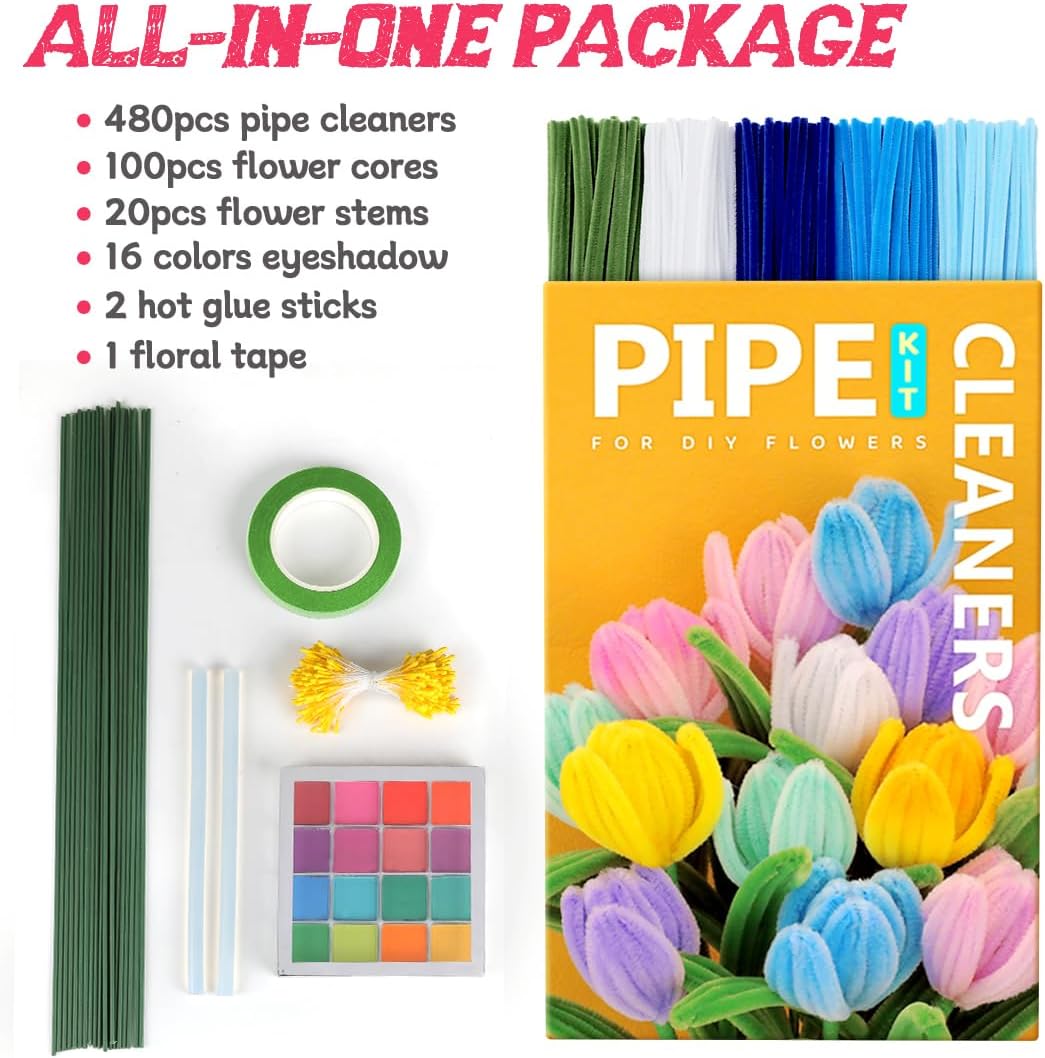 IOOLEEM Pipe Cleaners, 480pcs Blue, Flower Making Kit, Arts and Craft Supplies, Ideas for Art Project Activity.