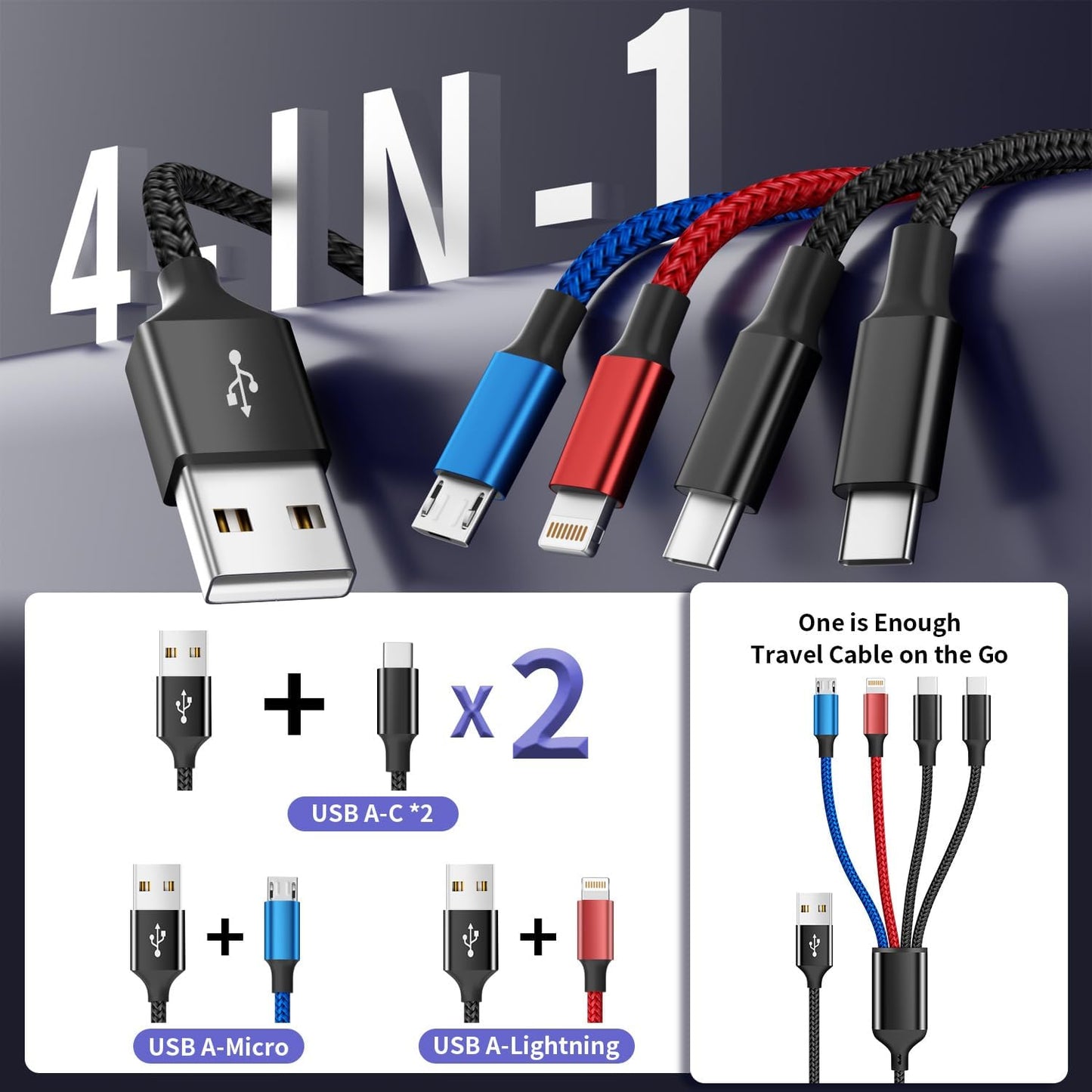 Travel Essentials, Dual Type-C 4 in 1 Multi Charging Cable for Multiple Devices, USB Cables Universal Phone Charger Cord with IP/Micro/2 USB-C Port for iPhone17/16/15/14, Android Tablet Pad, 2Pack 5FT