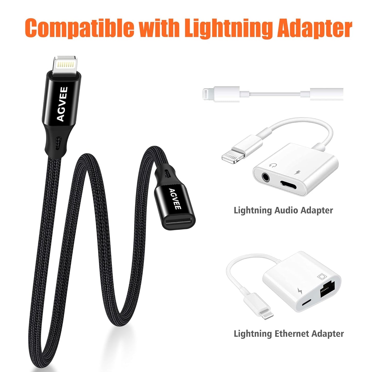 AGVEE 1ft Lightning Extension Cable, Braided Female to Male Extender Full Function Cord Compatible with iPhone iPad, Data Sync Video Audio & Charging Connector Adapter, Black
