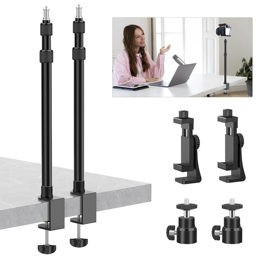 2 Pack Desk Mount with 1/4" & 3/8" Screws, Ball Head, 17-41" Adjustable Aluminum Stand, for DSLR & Ring Light