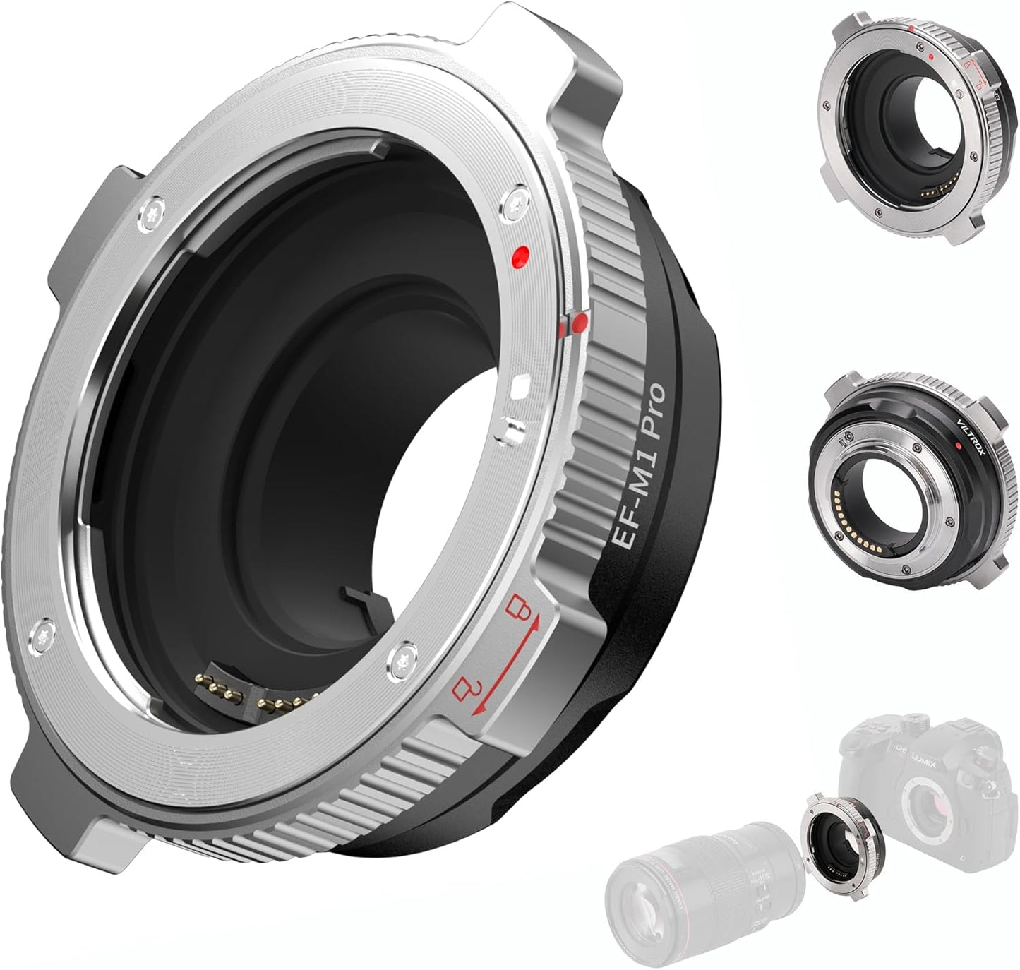 VILTROX EF-M1 Pro Lens Adapter, Auto Focus Ring Mount Adapter Lens Converter with Security Lock Compatible with Canon EOS EF/EF-S Lens to M4/3 MFT GH4 GH5 GF6 GX7 E-M5 E-M10II E-PL5 Cameras