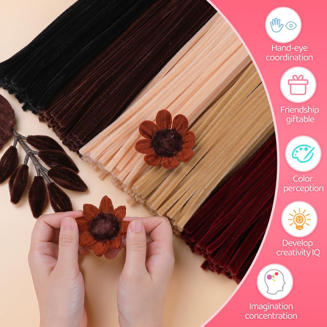 IOOLEEM Brown Pipe Cleaners,200pcs in 5 Colors, Chenille Stems for Art and Craft Projects, Flower DIY Decorations