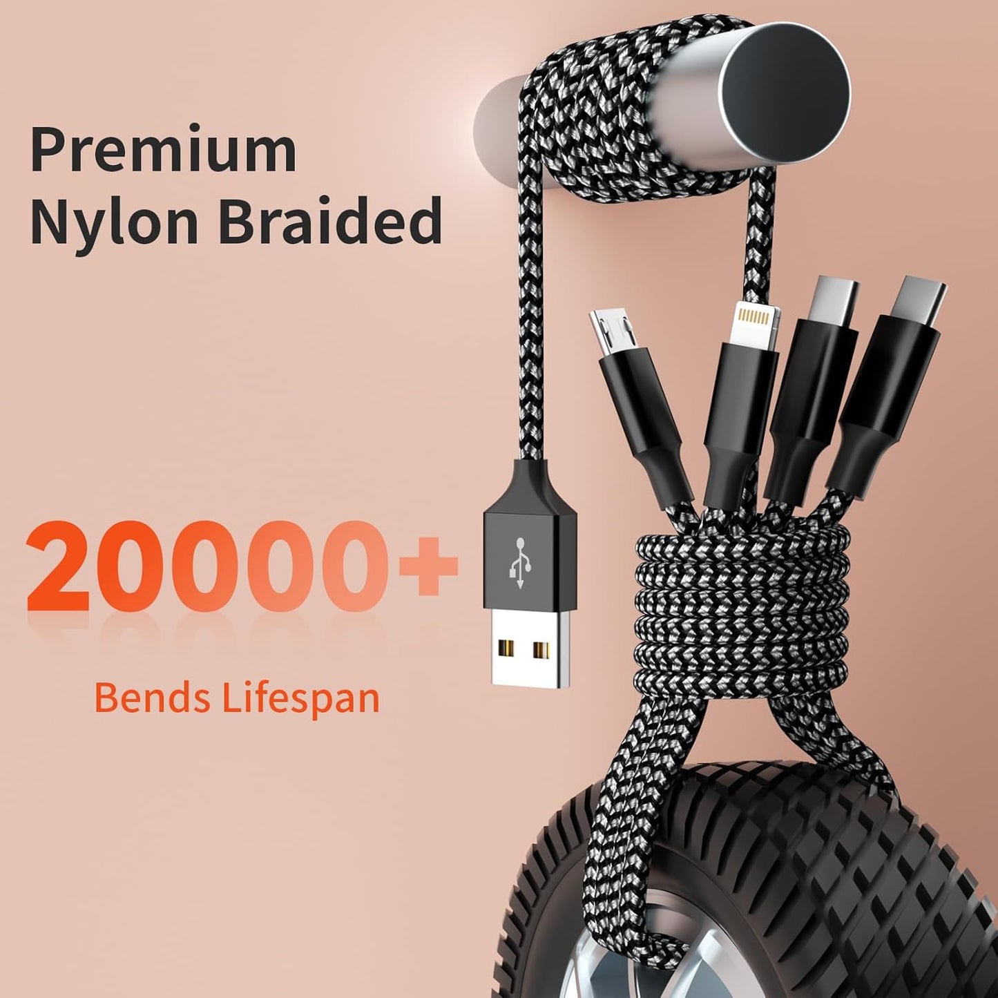 Multi Charging Cable,Dual Type-C Multiple Charger Cable Nylon Braided 4 in 1 Multi USB Cable Charging Cord with IP/Type C/Micro USB Ports for Cell Phones/iPhone/Tablets/Galaxy & More-1Pack 5Ft