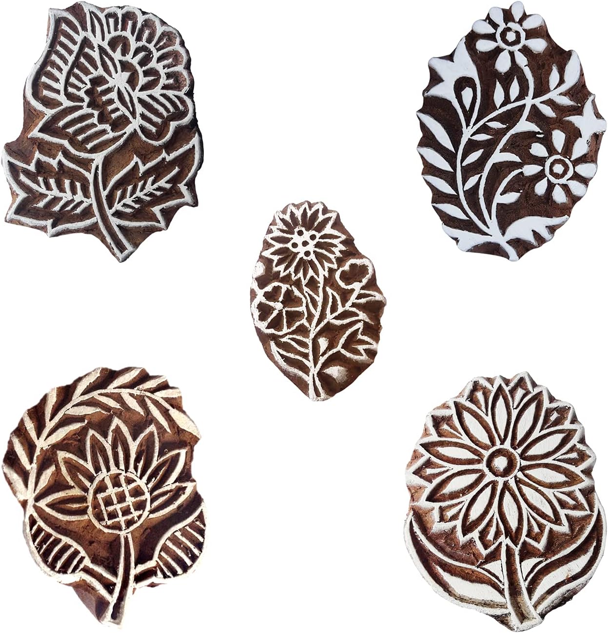 Royal Kraft Floral Wooden Printing Stamps (Set of 5) - DIY Henna Fabric Textile Paper Clay Pottery Blocks Htag2223
