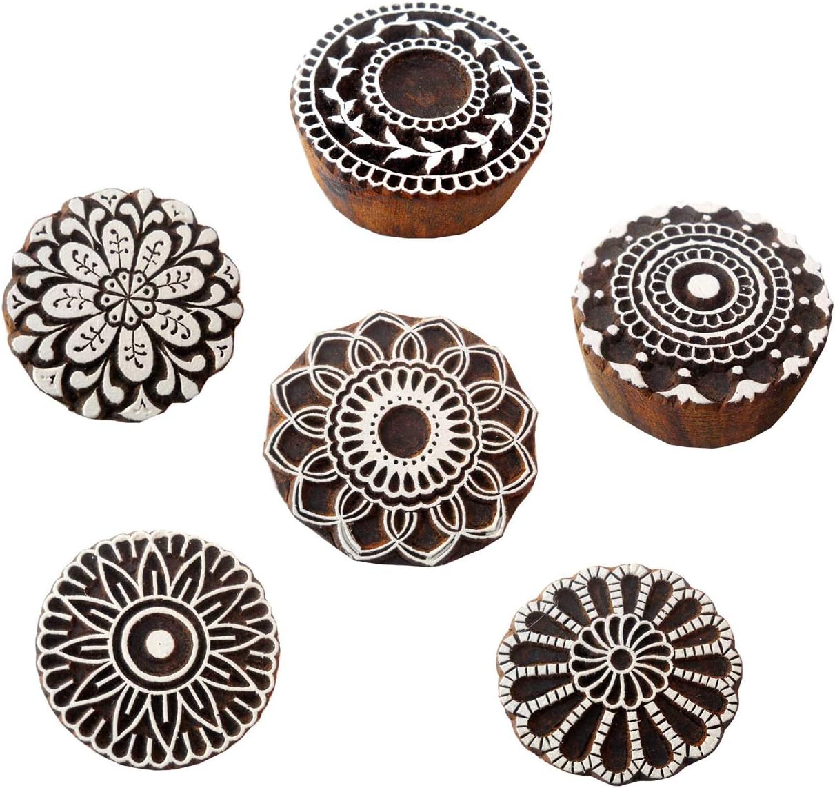 Wholesale (Pack of 6) Round Shaped Floral Designs 100% Handcarved Wooden Block Stamps/Tattoo/Indian Textile Printing Blocks.