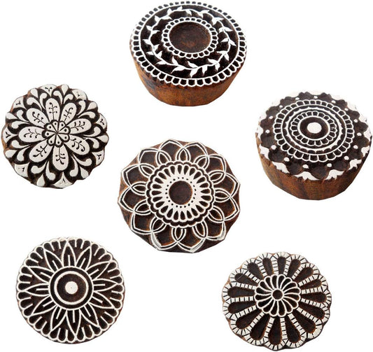 Wholesale (Pack of 6) Round Shaped Floral Designs 100% Handcarved Wooden Block Stamps/Tattoo/Indian Textile Printing Blocks.