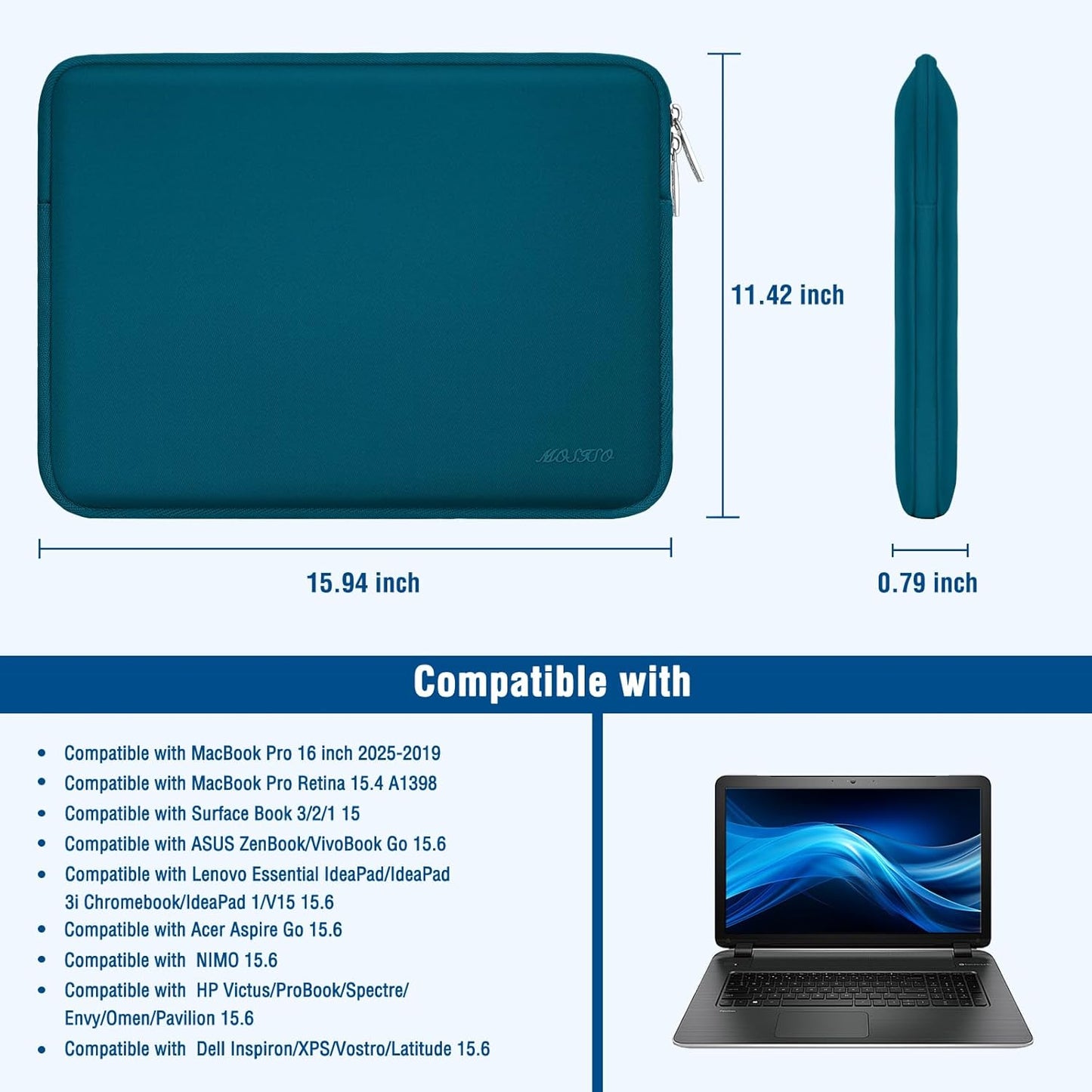 MOSISO Laptop Case 16 inch, 15-15.6 inch Laptop Sleeve Bag Compatible with MacBook Pro 16 inch, HP, Acer, Dell, Lenovo, ASUS Notebook, Neoprene Computer Sleeve Bag with Small Case, Deep Teal