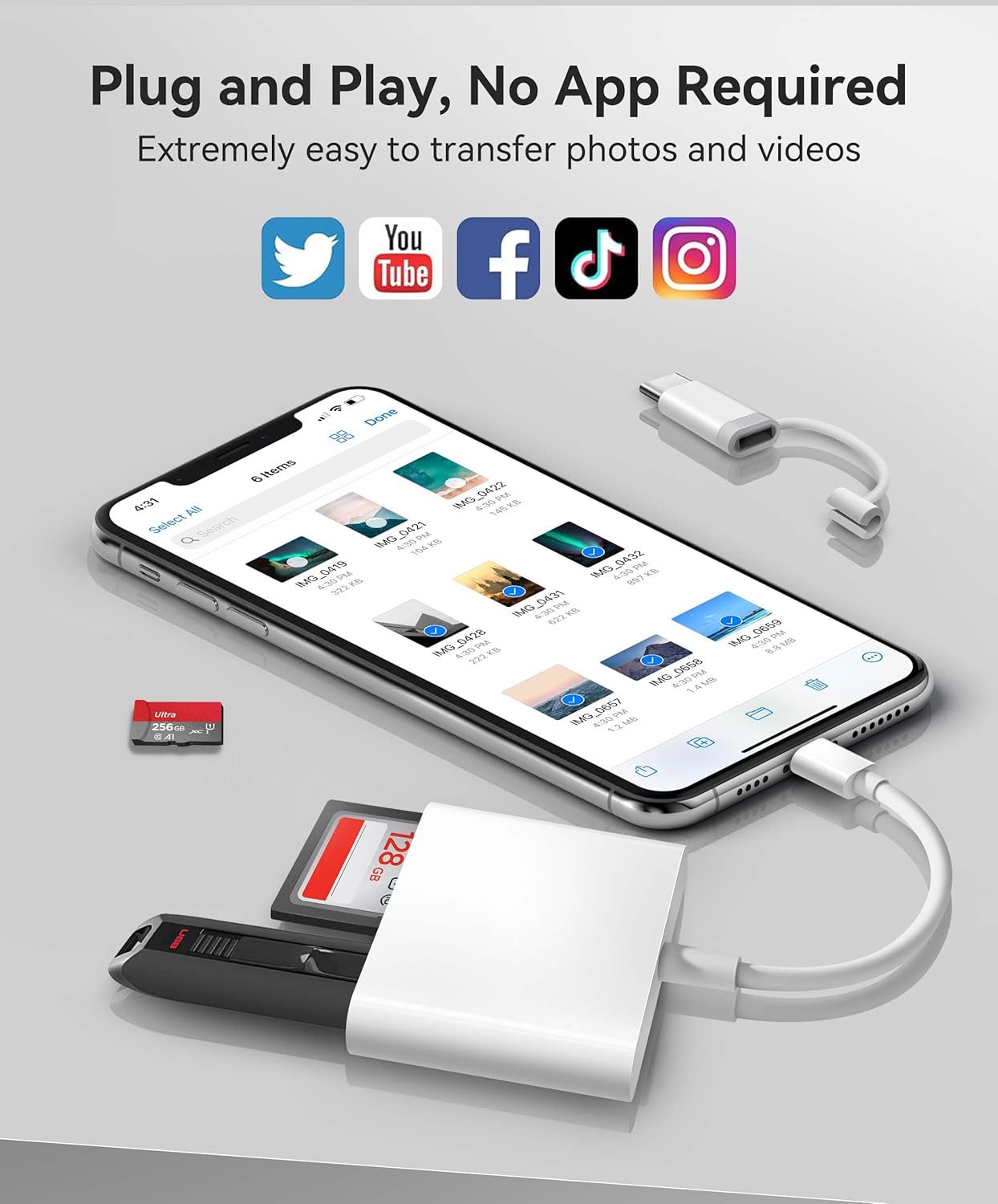 SD Card Reader for iPhone iPad Built-in Lightening & USB-C Dual Connectors Card Adapter with SD MicroSD USB-A 3 Slots Trail Camera Memory Card Viewer, Portable No App Required Plug and Play