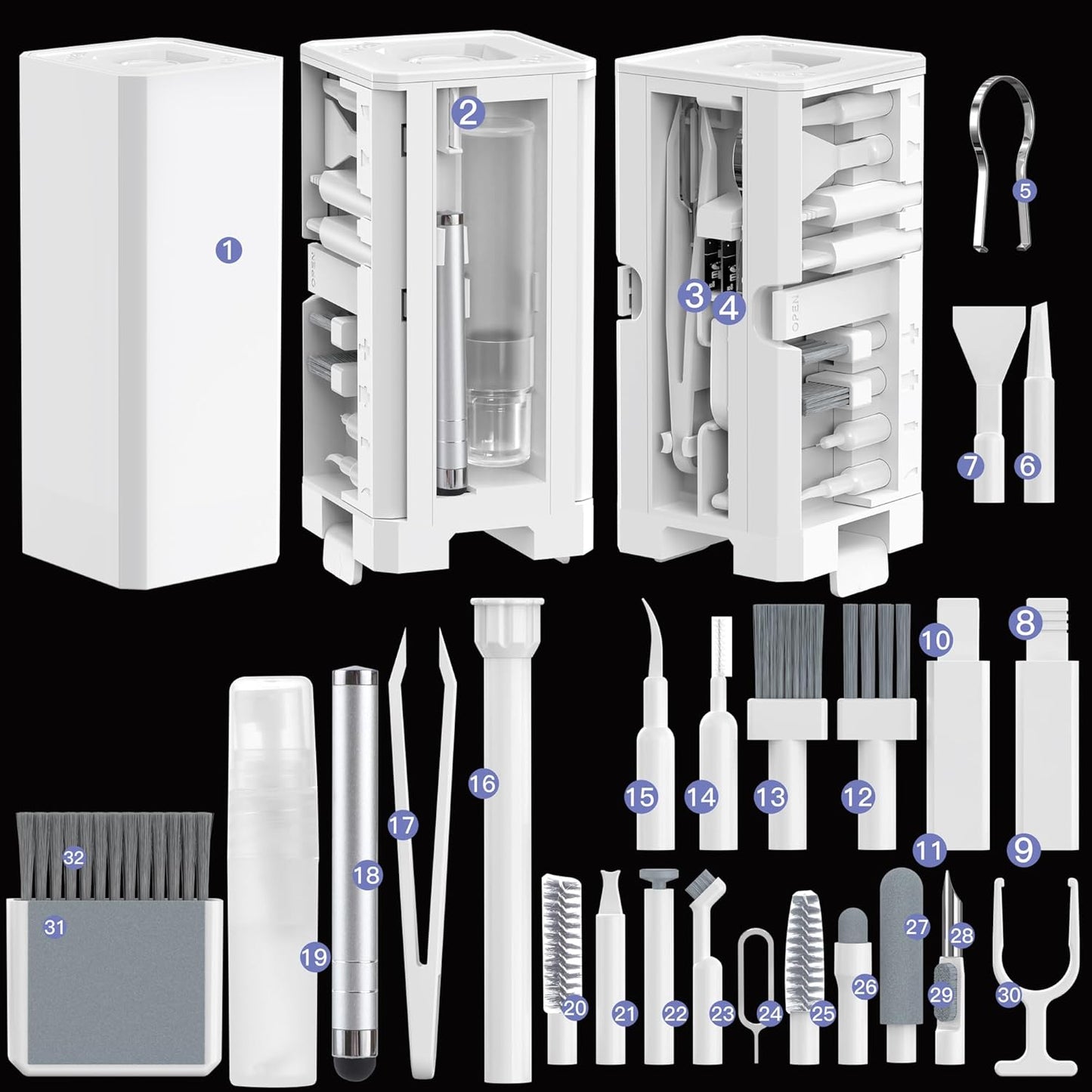 Cleaning Kit for Phone Headphone 32 in 1 Multi-Functional Electronics Cleaning Kits for Cell Phones, Computer, Monitor, Earbuds, Laptop, Camera, Lens Portable White Cleaning Kit Tool