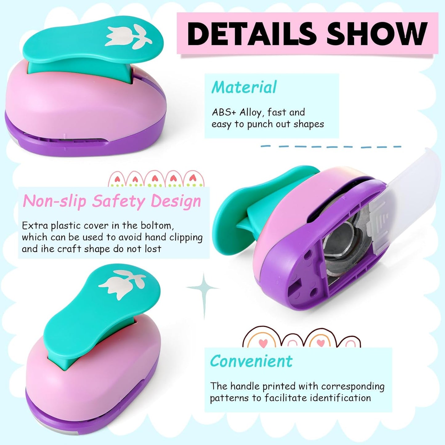 CHENGU 16 Pcs Craft Holes Punch Paper Punchers Scrapbook Punches with Craft Sticker Paper, Round, Star, Square, Heart, Flower, Wave Circle Shape (Flower Style,2 Inch)