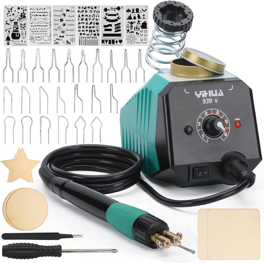 YIHUA 939-V Wood Burning Pen Wood Burning Kit with 23 Wire Nibs, Detachable Wood Burning Pen, 6 Wood Pieces, 6 Stencils, Tweezers Used as Wood Burning Tool