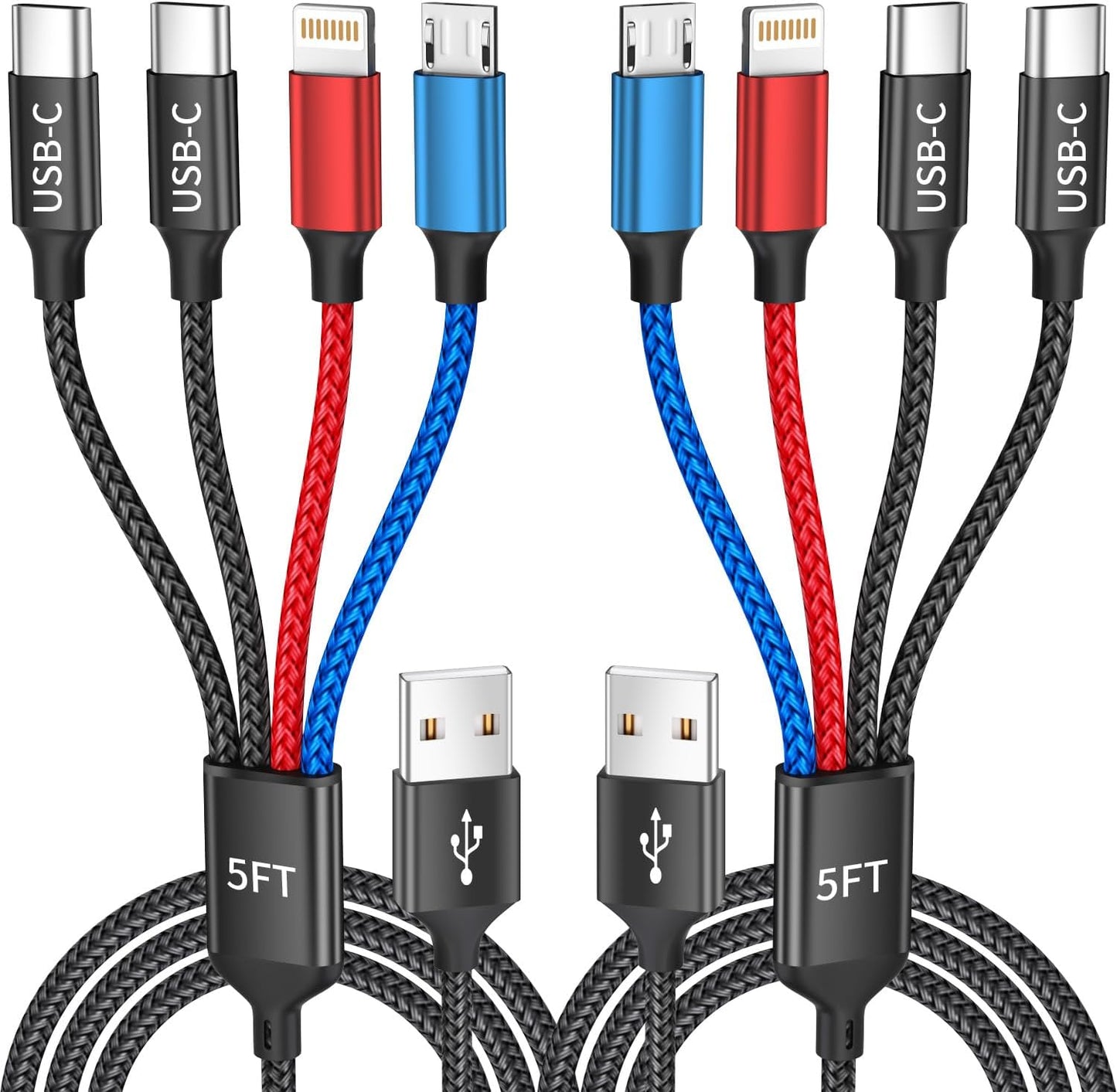 Travel Essentials, Dual Type-C 4 in 1 Multi Charging Cable for Multiple Devices, USB Cables Universal Phone Charger Cord with IP/Micro/2 USB-C Port for iPhone17/16/15/14, Android Tablet Pad, 2Pack 5FT
