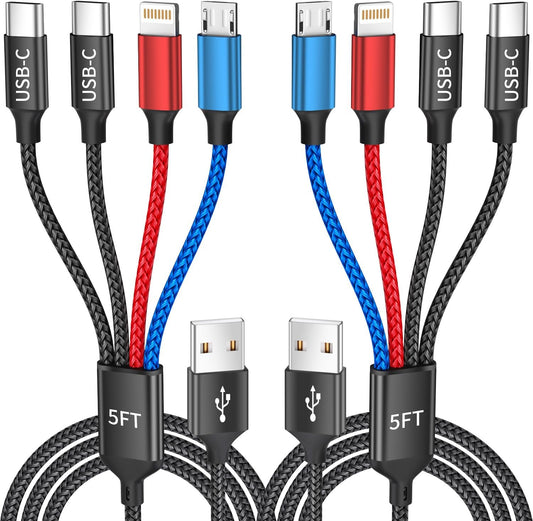 Travel Essentials, Dual Type-C 4 in 1 Multi Charging Cable for Multiple Devices, USB Cables Universal Phone Charger Cord with IP/Micro/2 USB-C Port for iPhone17/16/15/14, Android Tablet Pad, 2Pack 5FT