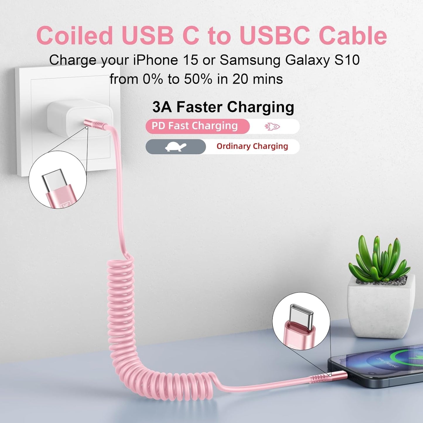 USB C to C Cable 3FT for Car, Coiled USB C Fast Charging Cable for iPhone 17/16/15, 2Pack Type C Cord for iPhone 15/Plus/Pro/Pro Max/Samsung Galaxy S23-Pink