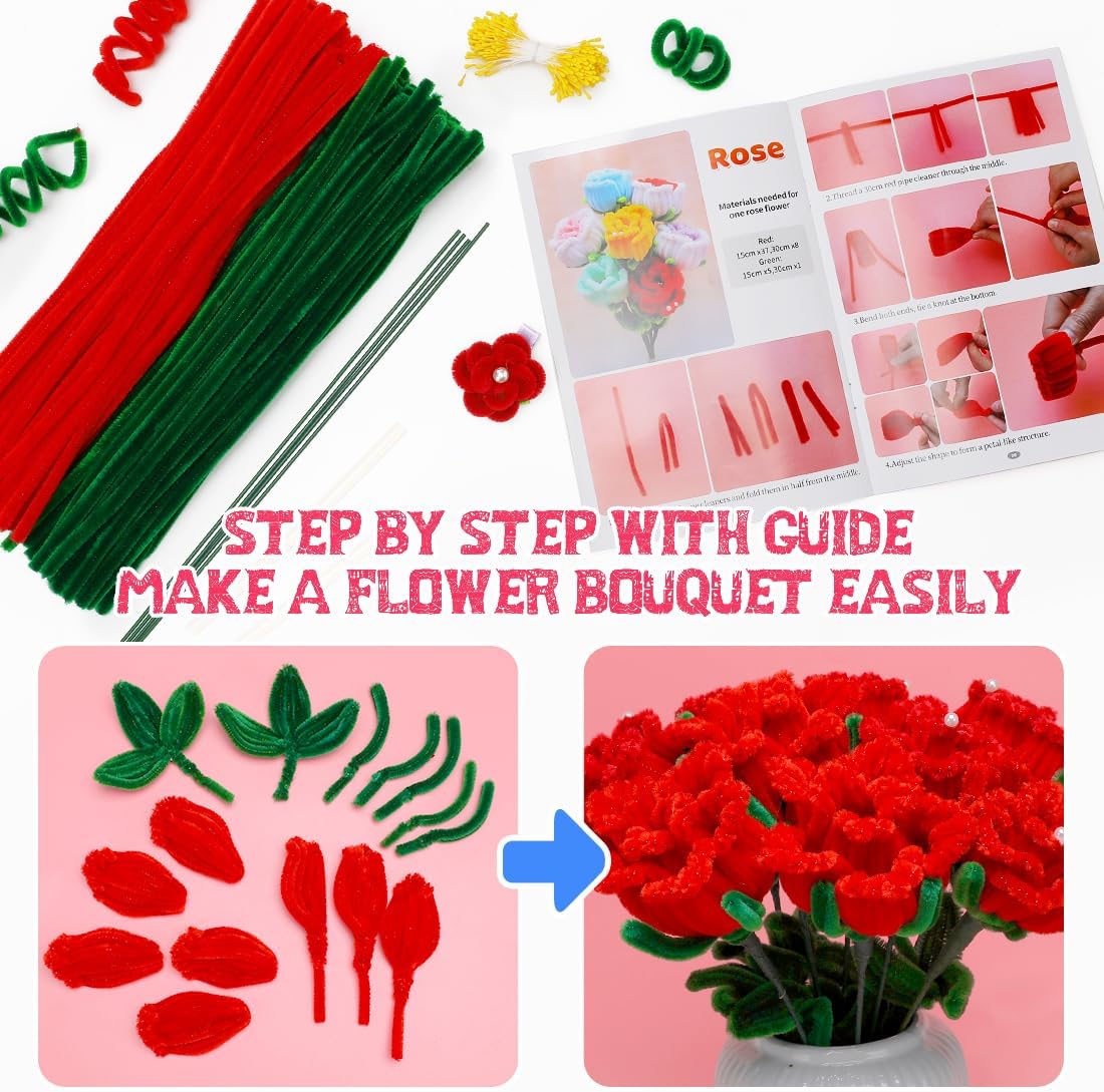 IOOLEEM Pipe Cleaners, 480pcs Red Roses, Flower Making Kit, Arts and Craft Supplies, Ideas for Art Project Activity.