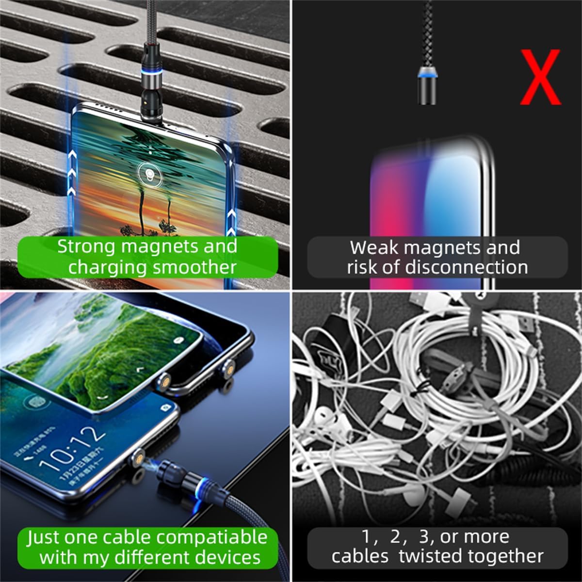 Magnetic Charging Cable (6-Pack,1.6+3.3+3.3+6.6+6.6+10ft) 540° Rotation 3A Fast Charging Data Sync 3 in 1 Magnetic Phone Charger Cable with LED Light Compatible with Micro USB Type C Phone Device