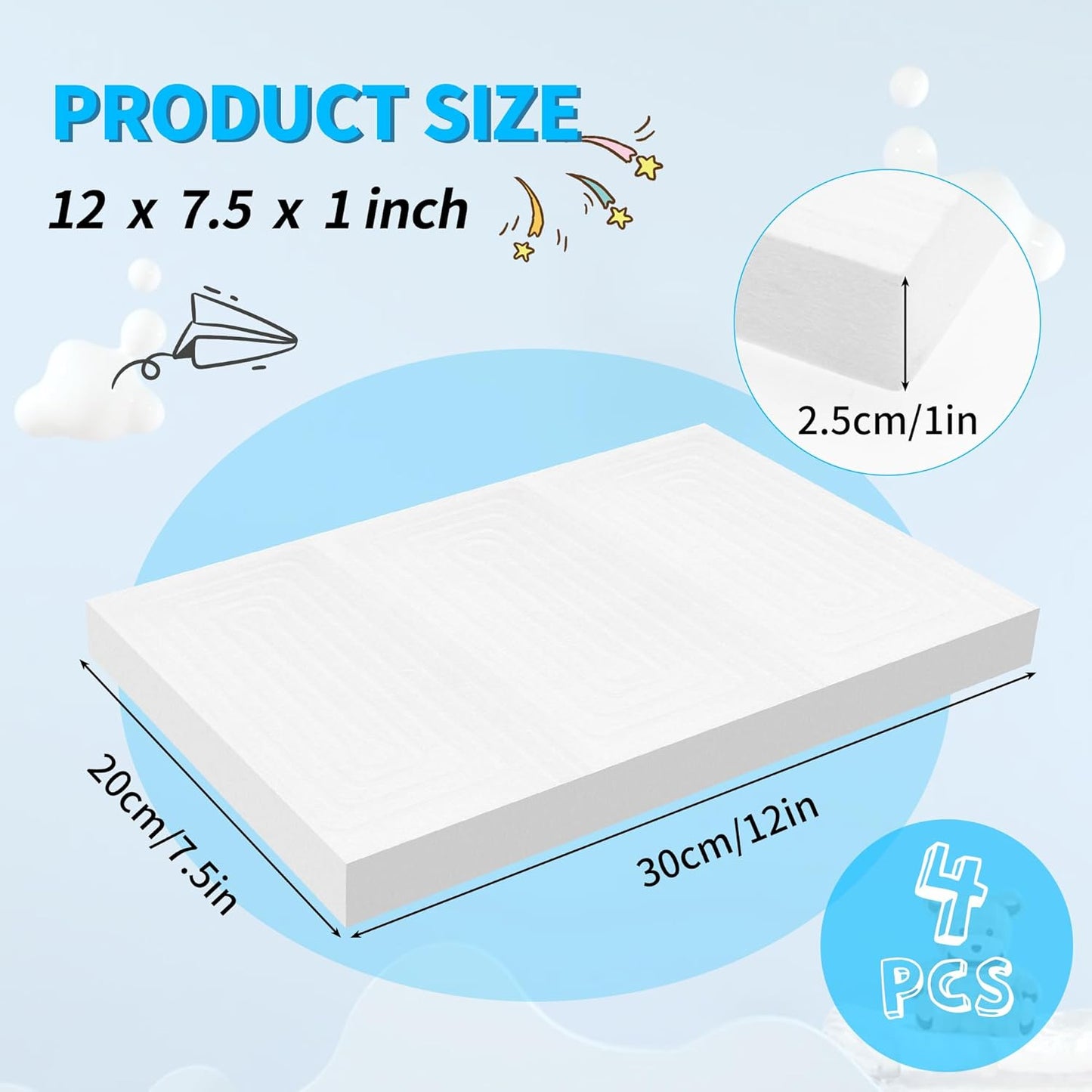 LuckyFoam White 4 Pack 12x7.5x1 inch Foam Sheets 1 Inch Thick Polystyrene Rectangles XPS Foam Board Craft for Insulating DIY Modeling Art Supplies