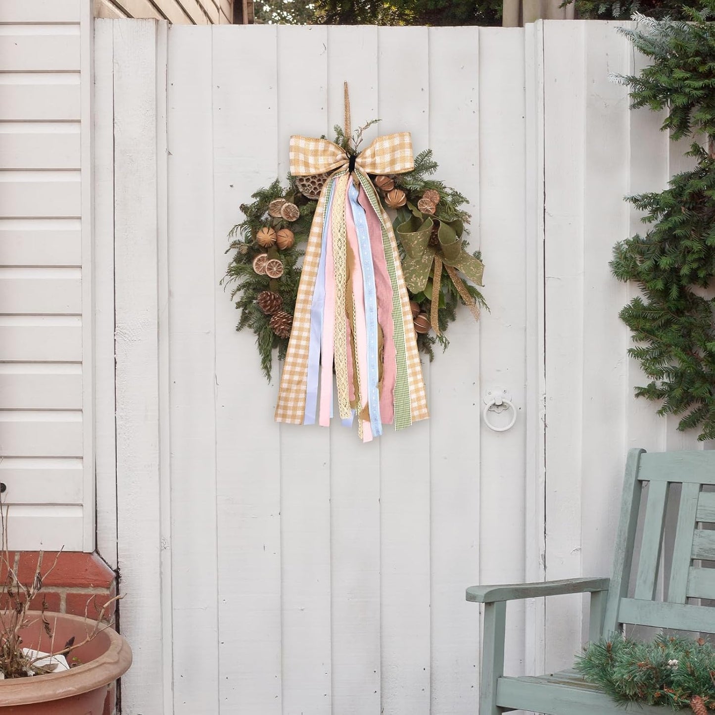 Large Fall Ribbons Bow for Wreath, Orange White Buffalo Plaid Fabric Ribbons Set Assorted Lace Ribbon Blue Pink Clip-On Wreath Sash Ribbon Bundle for Fall Thanksgiving Home Indoor Outdoor Decor