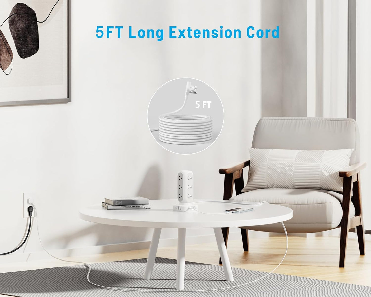 Tower Power Strip with Surge Protection, Flat Plug Outlet Extender with 12 AC Outlets & 8 USB Ports, 5 FT Extension Cord with Multiple Outlets, 24W Total Charging Station for Home Office Dorm Room