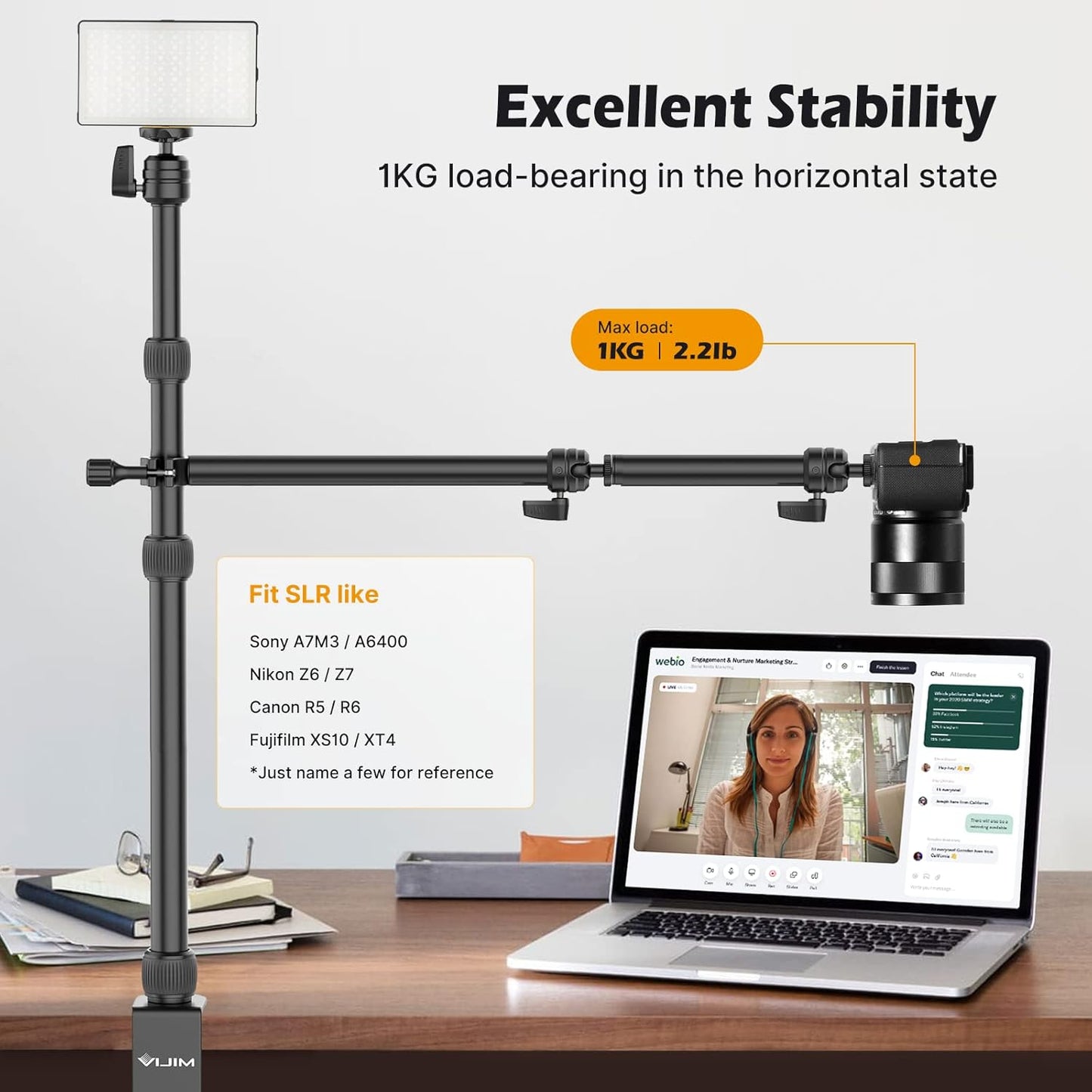 PICTRON LS11 Camera Mount Desk Stand with Auxiliary Holding Arm, Flexible Overhead Camera Webcam Table C-Clamp Multi Stand for Photography Videography Live Stream