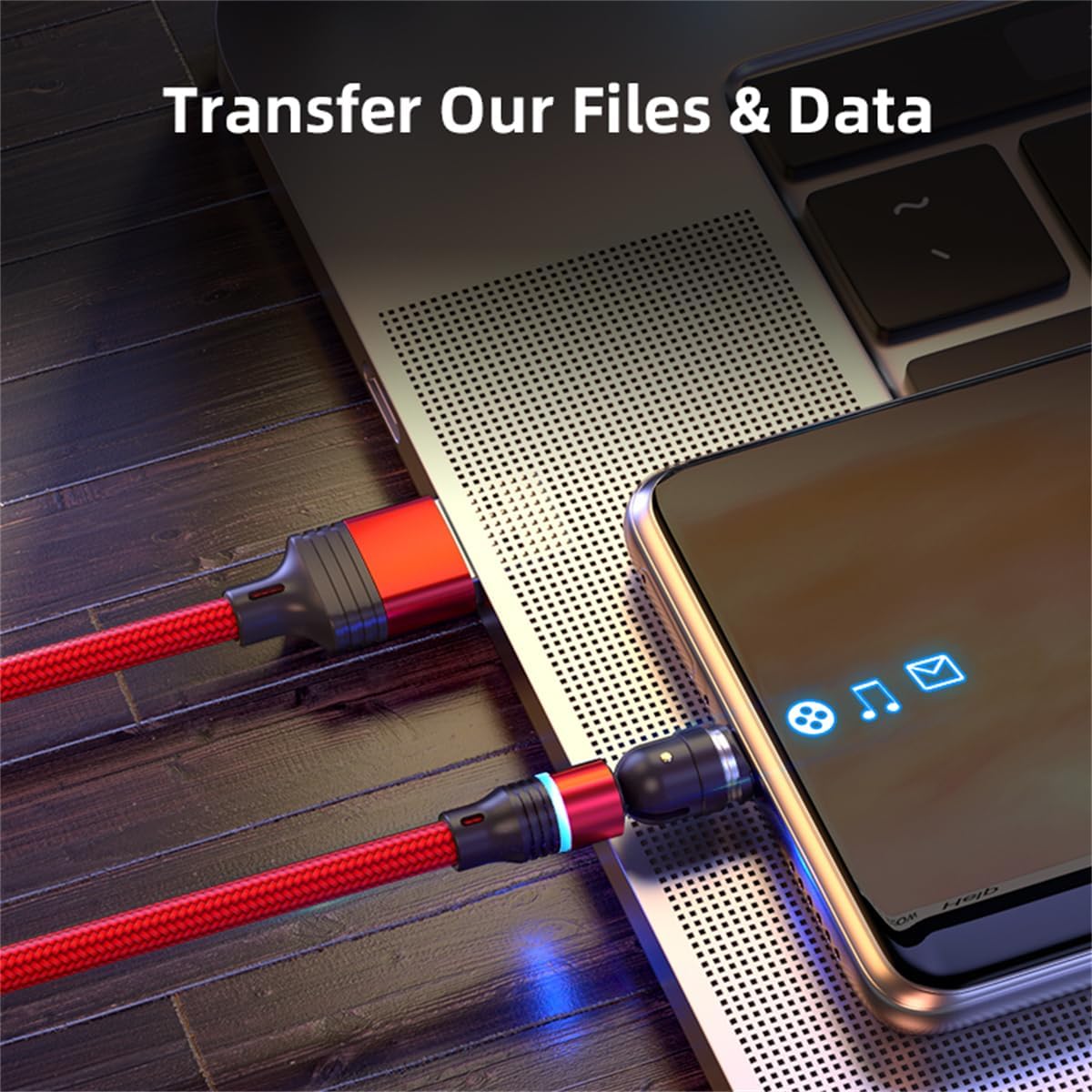 Magnetic Charging Cable (6-Pack,1.6+3.3+3.3+6.6+6.6+10ft) 540° Rotation 3A Fast Charging Data Sync 3 in 1 Magnetic Phone Charger Cable with LED Light Compatible with Micro USB Type C Phone Device