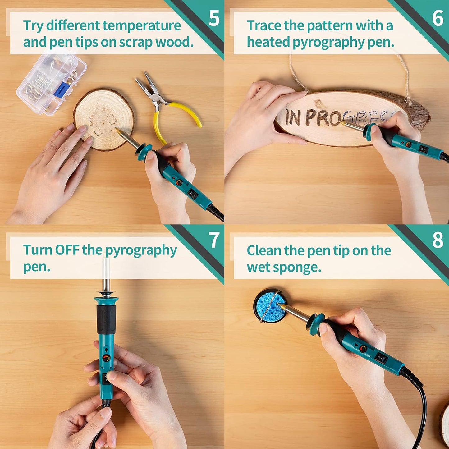 YIHUA 930-IV Pyrography Wood Burning Pen Kit Adjustable Temperature, Power Switch, Heat Deflector, Rubber Grip with 10 Pyrography Tips, 2 Wood Pieces, Flip-Up Pen Stand, for Woodburning DIY Crafts