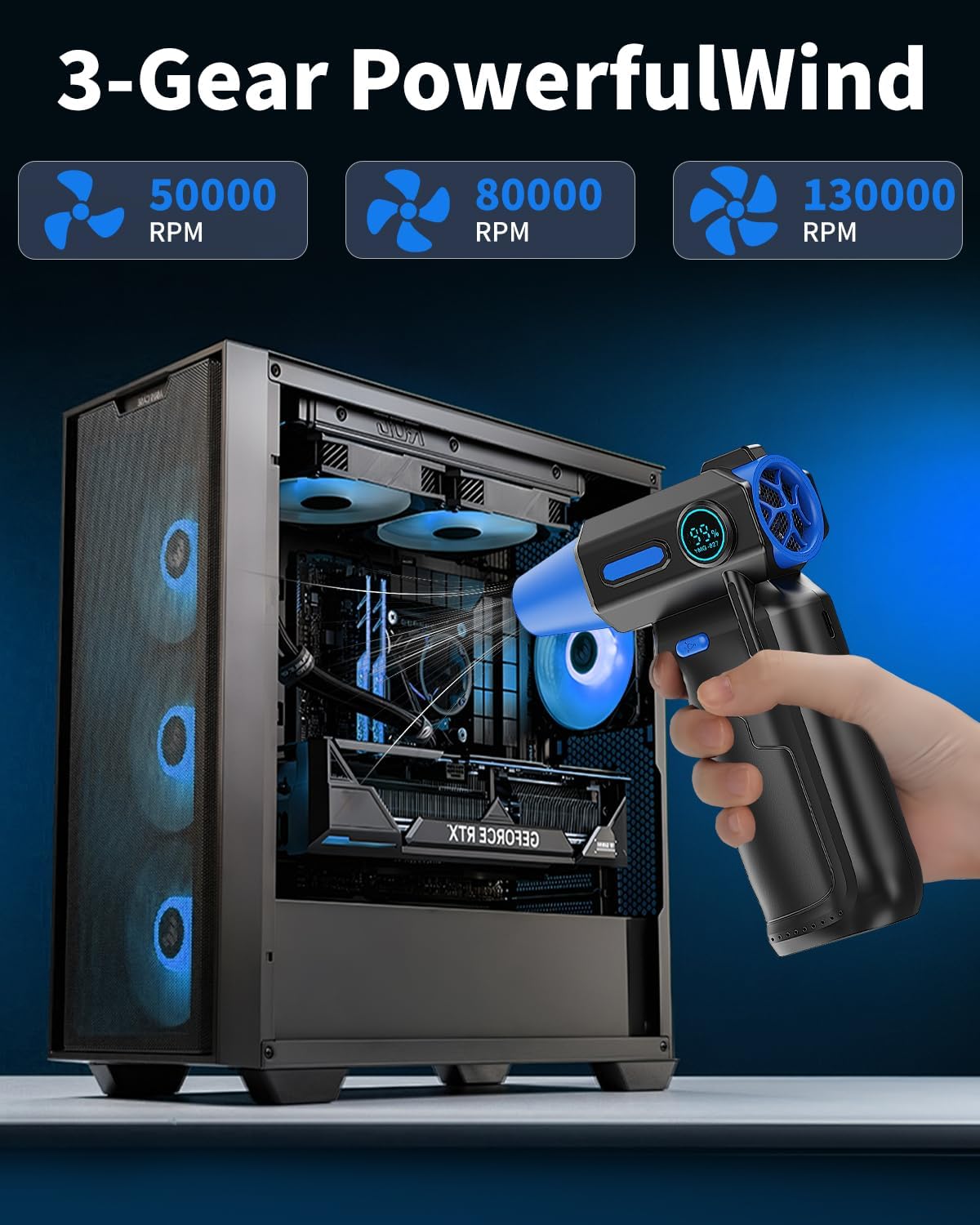 Compressed Air Duster-130000RPM Electric Air Duster, 3 Gear Adjustable, with Brushless Motor & LED Light, Rechargeable Cordless Air Blower, Dust Blower for Computer, Keyboard, House, Outdoor and Car