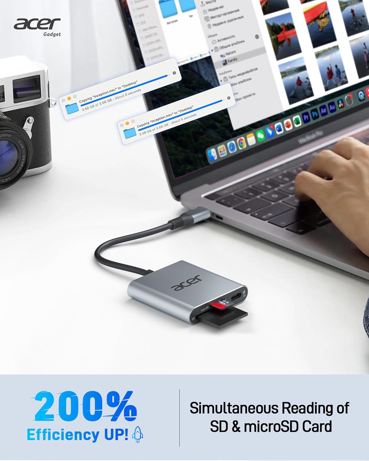 Acer SD 4.0 Card Reader, UHS-II Micro SD Reader USB C, Dual Slot Type C Memory Card Adapter with 100W PD Port for MicroSD SDXC SDHC UHS-II & UHS-I for iPhone 15/16, Laptop, MacBook(Grey)