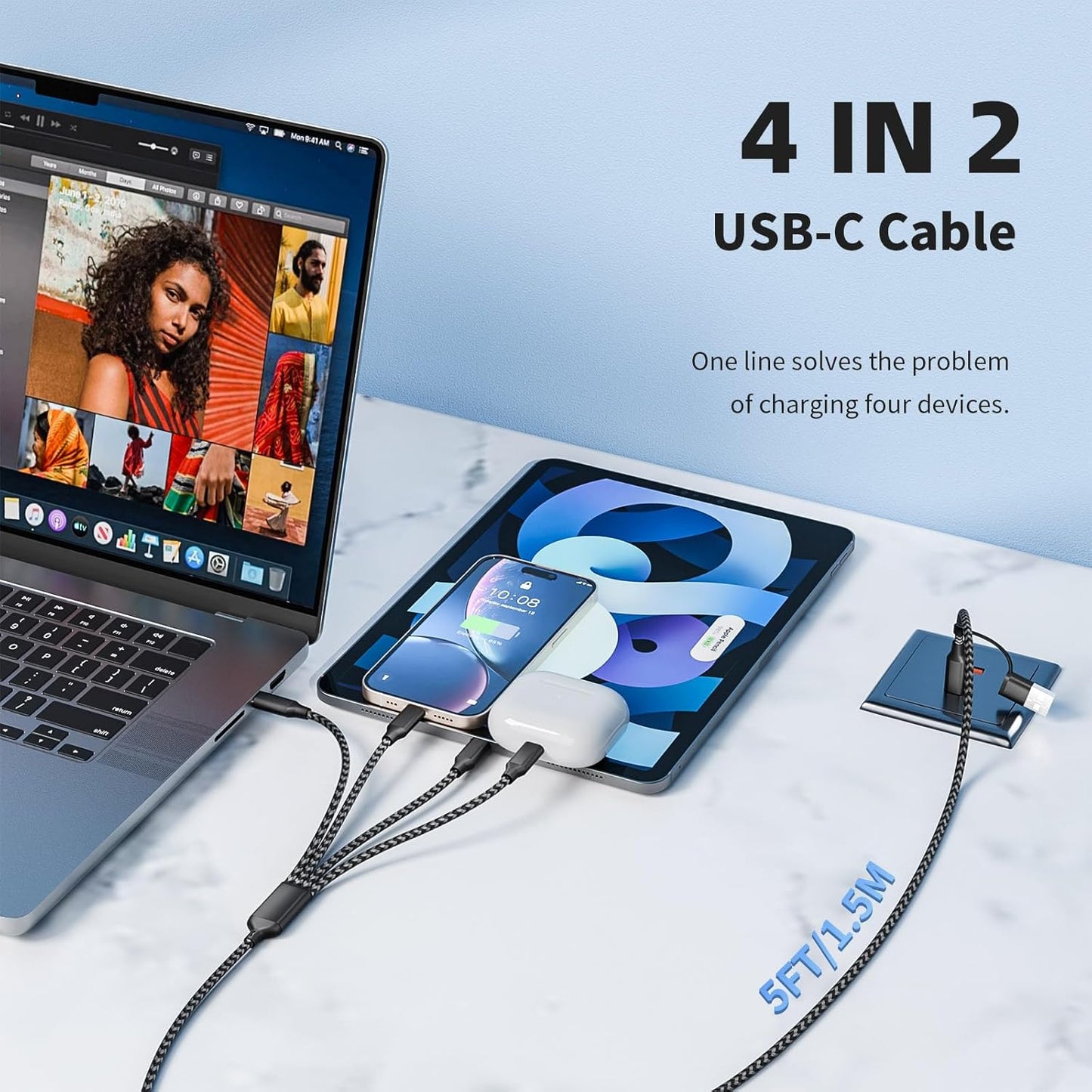 USB C Splitter Multi Charging Cable,USB A/C to USB C Charging Cord,Dual Type C Charger Cord,4 in 2 Multi Charger Cord with 4 Type-C Connectors Compatible with iPhone17/16/Cell Phones Tablets and More.