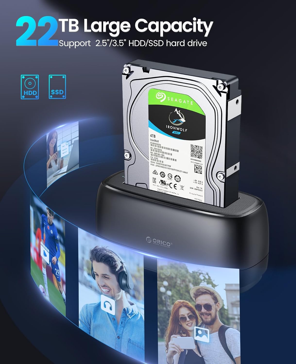 ORICO Hard Drive Docking Station for USB C 2.5”/3.5” SSD HDD SATA I II III External Hard Drive Dock 22TB 2 in-1 Type C to USB A Cable (DD18C3)