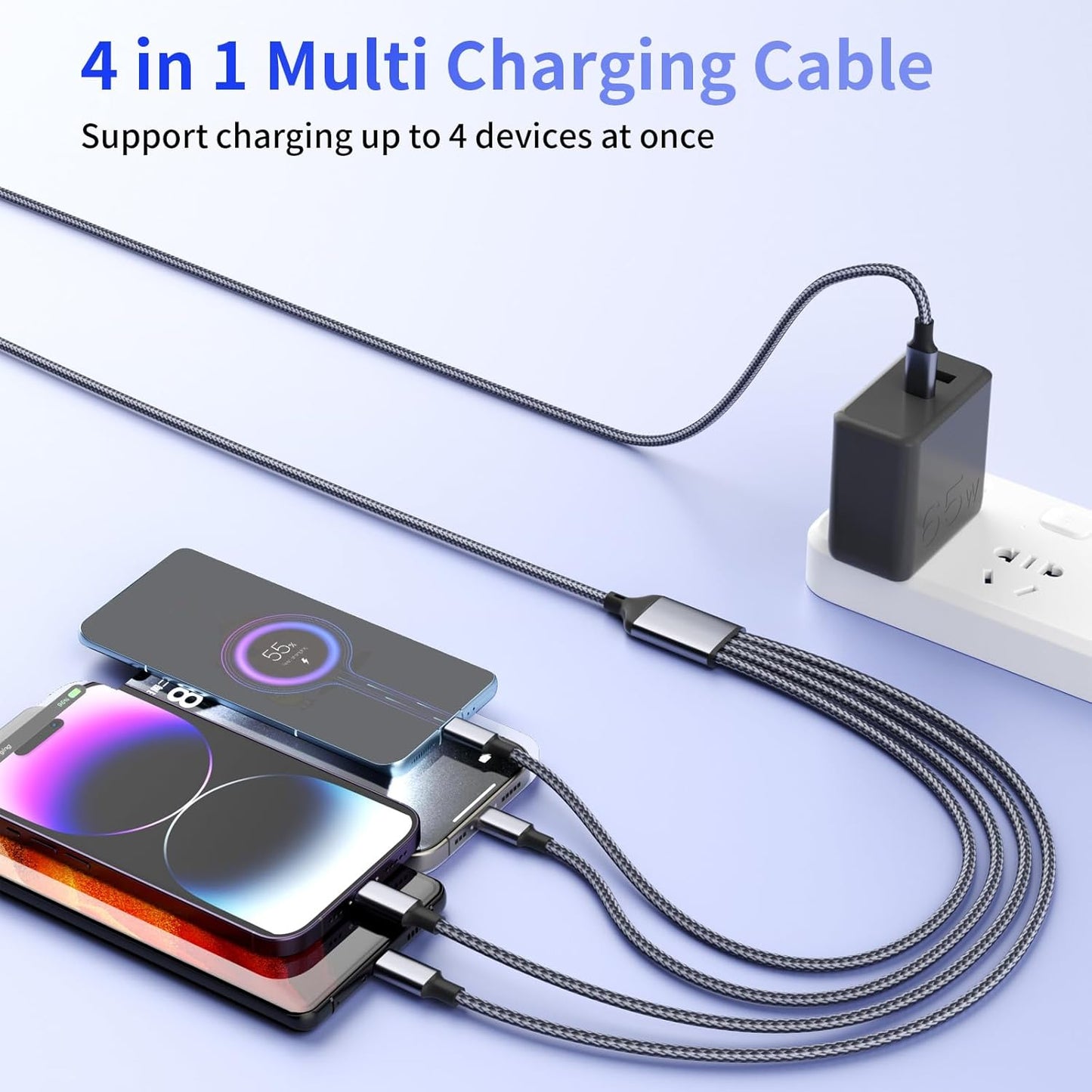 USB C Multi Charging Cable [1Pack 5FT], 4 in 1 Charging Cable Nylon Braided USB-C Multiple Charger Cord with Micro USB,IP Port and 2 Type C Adapter Port for iPhone 17/16 Series/Cell Phones and More