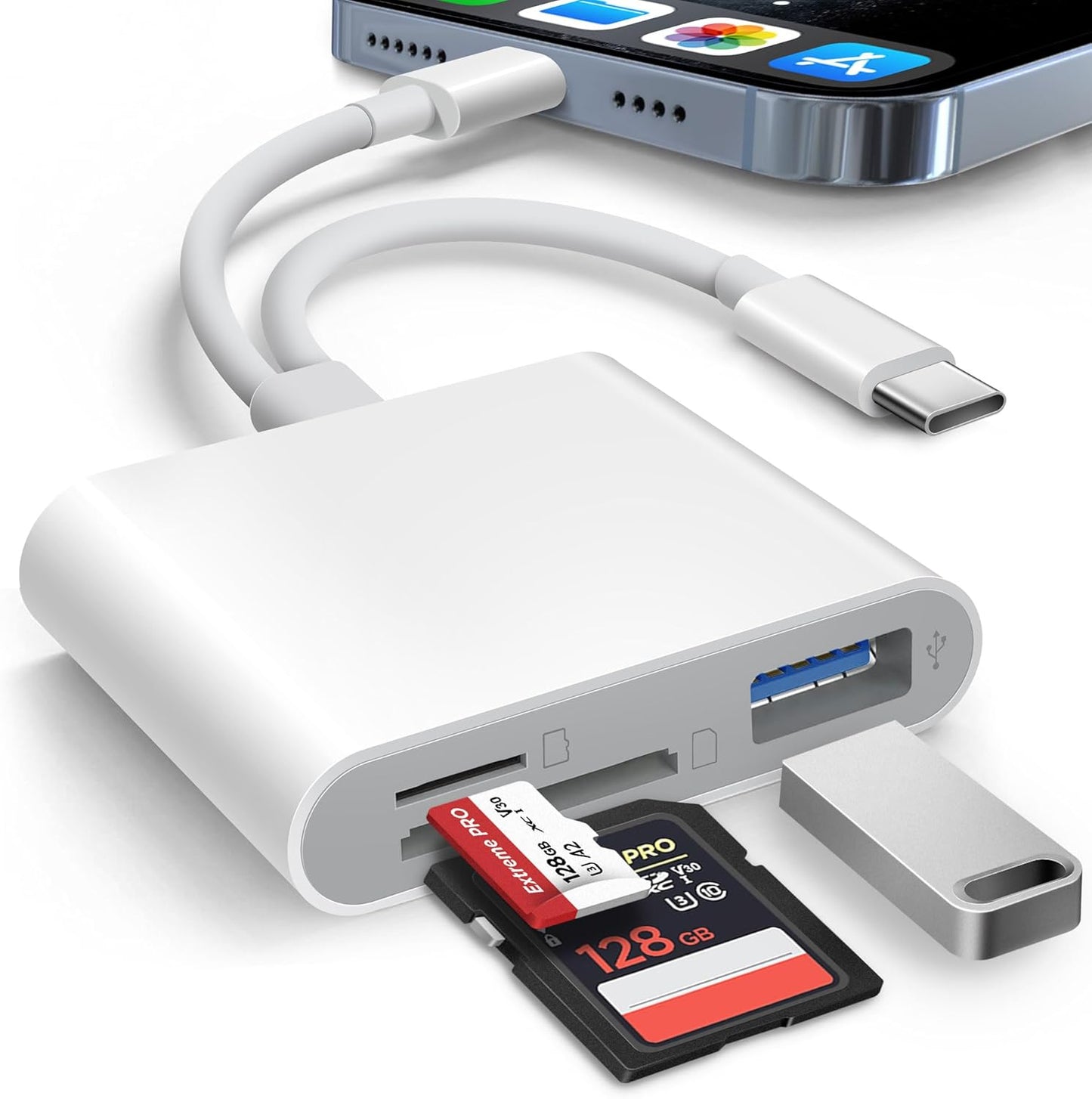 SD Card Reader for iPhone iPad Built-in Dual Cords (Lightening, USB-C) Card Reader with SD MicroSD USB-A 3 Slots Trail Camera Memory Card Viewer Portable No App Required Plug and Play - White