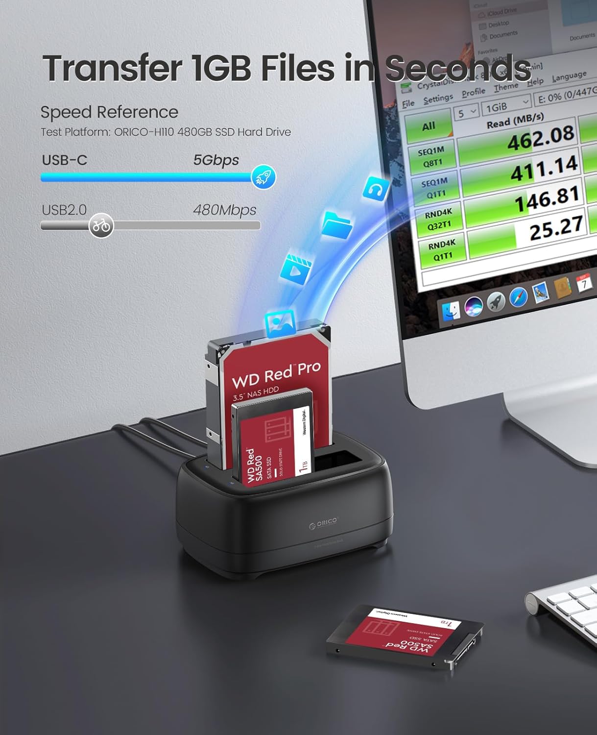 ORICO USB Type C to SATA 2 Bay Hard Drive Docking Station Duplicator/Cloner Function for 2.5 or 3.5 in HDD SSD with 2 in 1 USB C to A/C Cable (DD28C3-C)