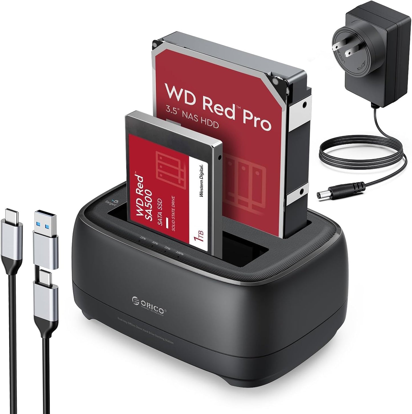 ORICO USB Type C to SATA 2 Bay Hard Drive Docking Station Duplicator/Cloner Function for 2.5 or 3.5 in HDD SSD with 2 in 1 USB C to A/C Cable (DD28C3-C)