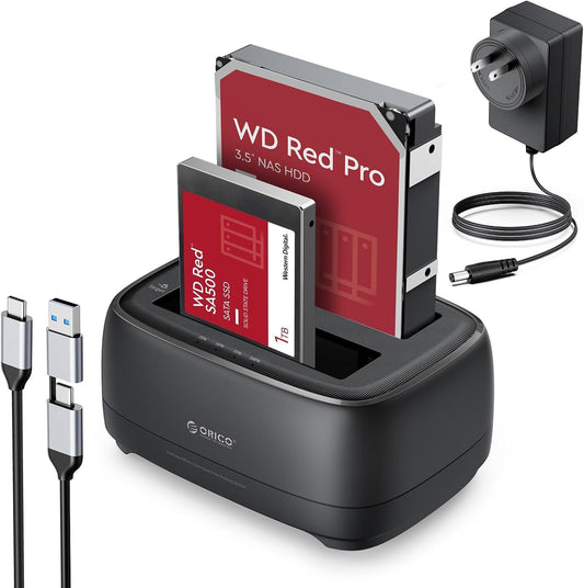 ORICO USB Type C to SATA 2 Bay Hard Drive Docking Station Duplicator/Cloner Function for 2.5 or 3.5 in HDD SSD with 2 in 1 USB C to A/C Cable (DD28C3-C)