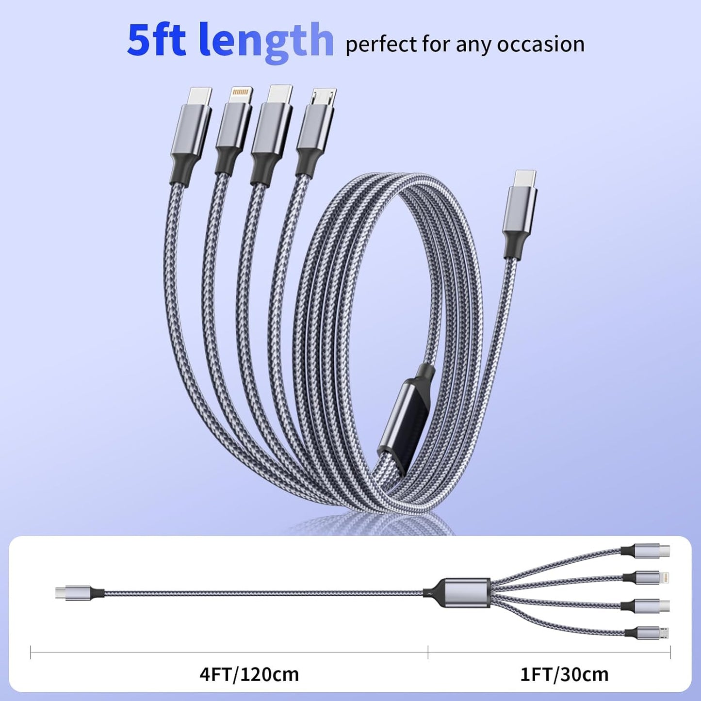 USB C Multi Charging Cable [1Pack 5FT], 4 in 1 Charging Cable Nylon Braided USB-C Multiple Charger Cord with Micro USB,IP Port and 2 Type C Adapter Port for iPhone 17/16 Series/Cell Phones and More