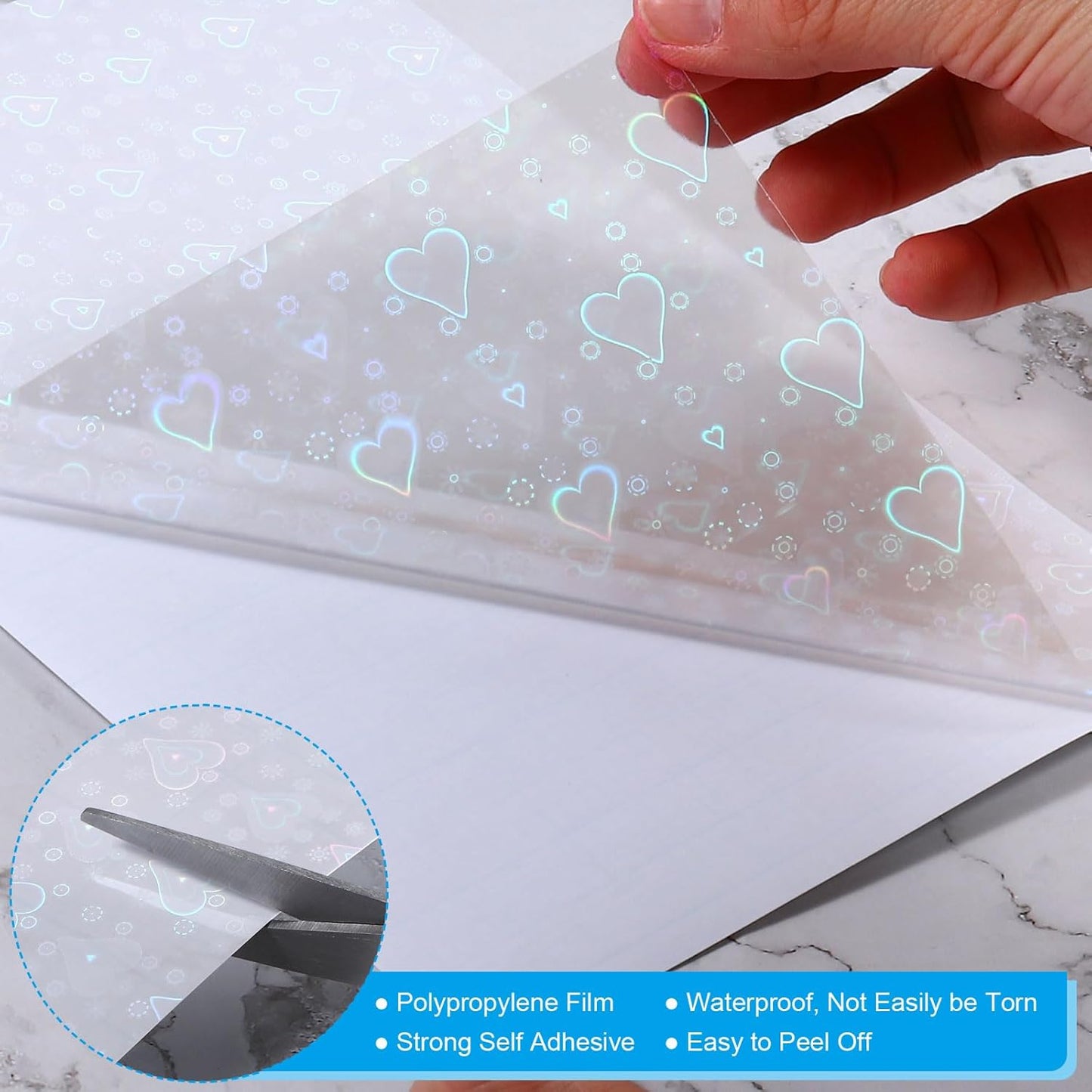 PATIKIL 8.3x5.8" Holographic Sticker Paper, 20Sheets A5 Polypropylene Self-Adhesive Transparent Waterproof Laminate Overlay Film for Photo Cards Scrapbook Decorations, Heart