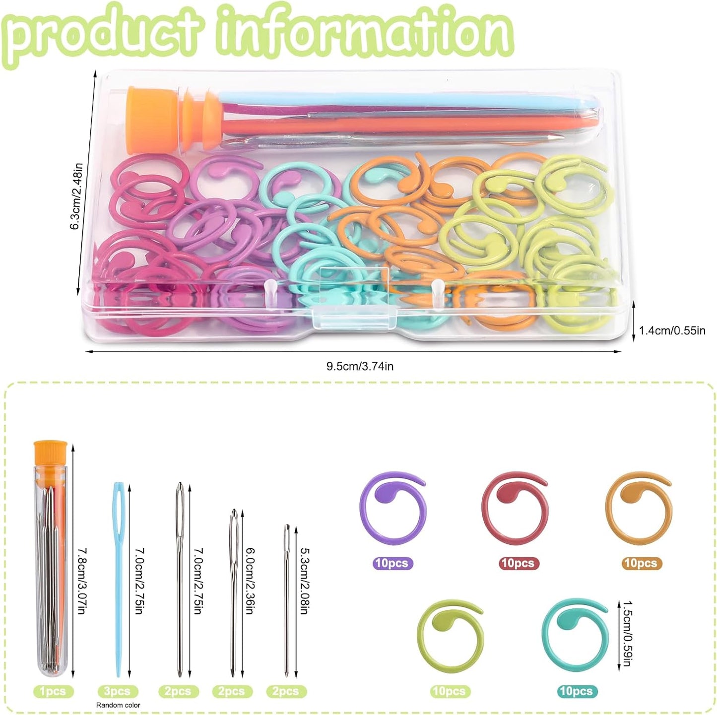 Lokunn 50 Pcs Metal Stitch Markers, 5 Color Helical-Shaped Crochet Markers Ring, 9 Pcs Large Eye Blunt Sewing Needles with Storage Box for DIY and Craft Sewing