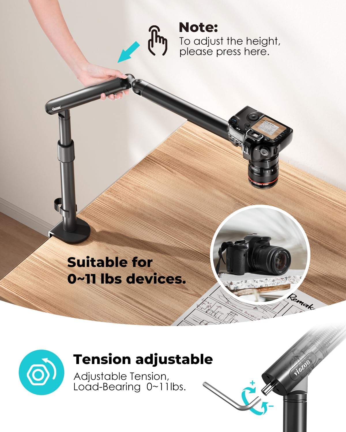 Viozon Overhead Camera Mount, Overhead Phone Stand, Flexible Aluminum Alloy Spring Arm with 360° Ball Head,1/4"&3/8" Interface for DSLR Camera/Rrojector/Microphone/Ring Light/Webcam/Phone