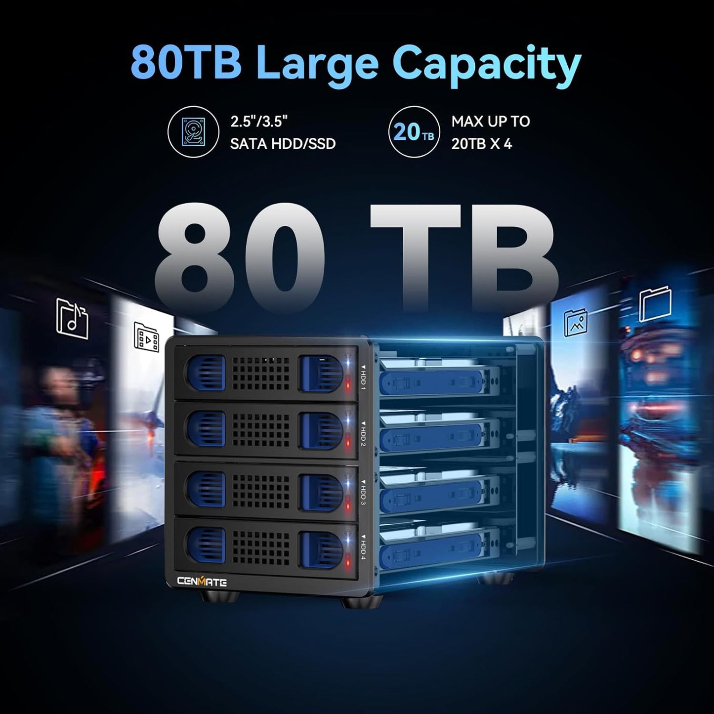 4 Bay Hard Drive RAID Enclosure with Cooling Fan for 2.5/3.5" SATA HDD/SSD with USB A/C 3.0＋eSATA Cable, 3.5 Hard Drive Reader Supports 80TB Capacity, 8 RAID Modes, DAS(NO NAS)