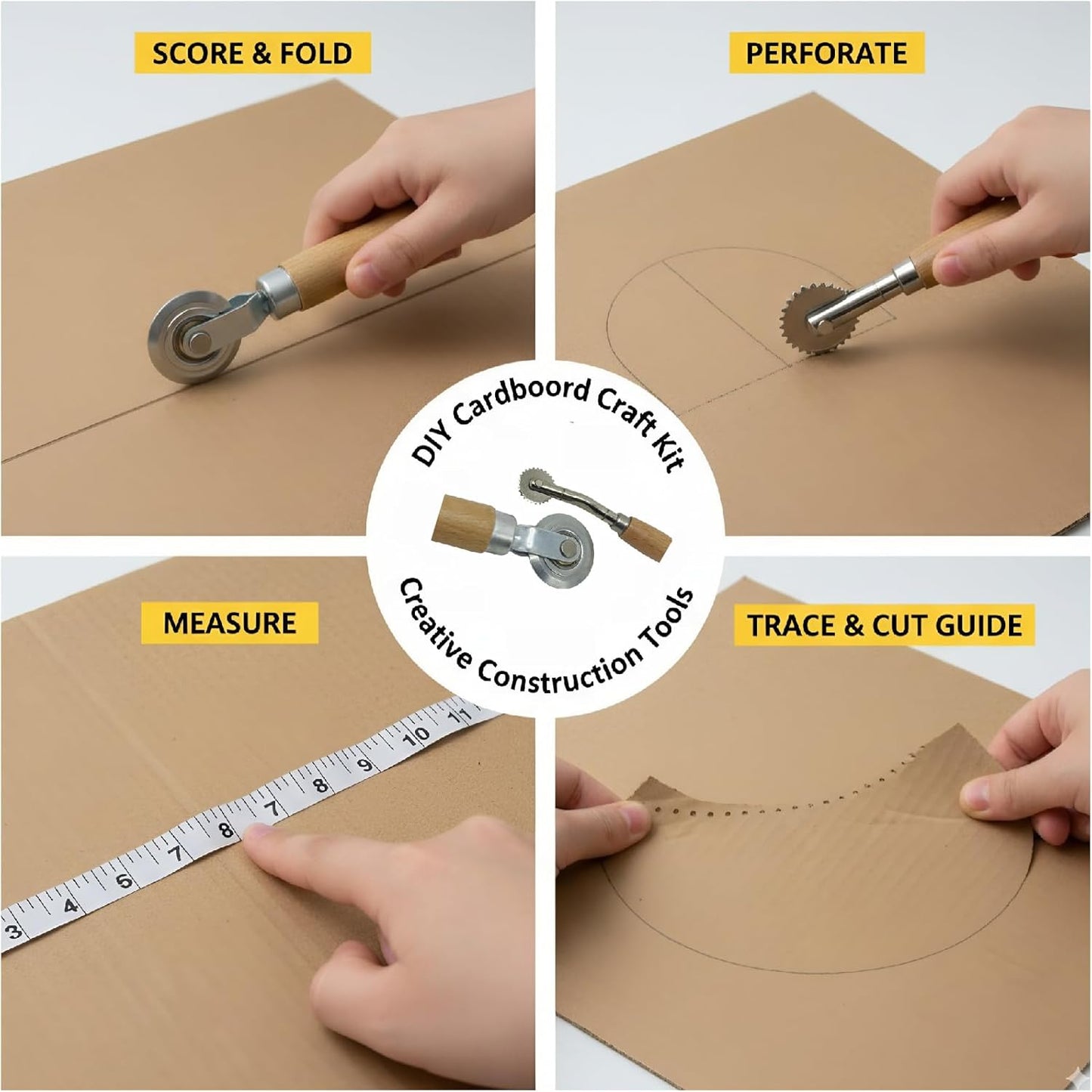 Box Resizer Tool Kit, 0.5mm Solid & Dashed Line Scoring Wheel with Wood Handle & Soft Tape Measure for Cardboard, Paper Craft, Gift Box Making