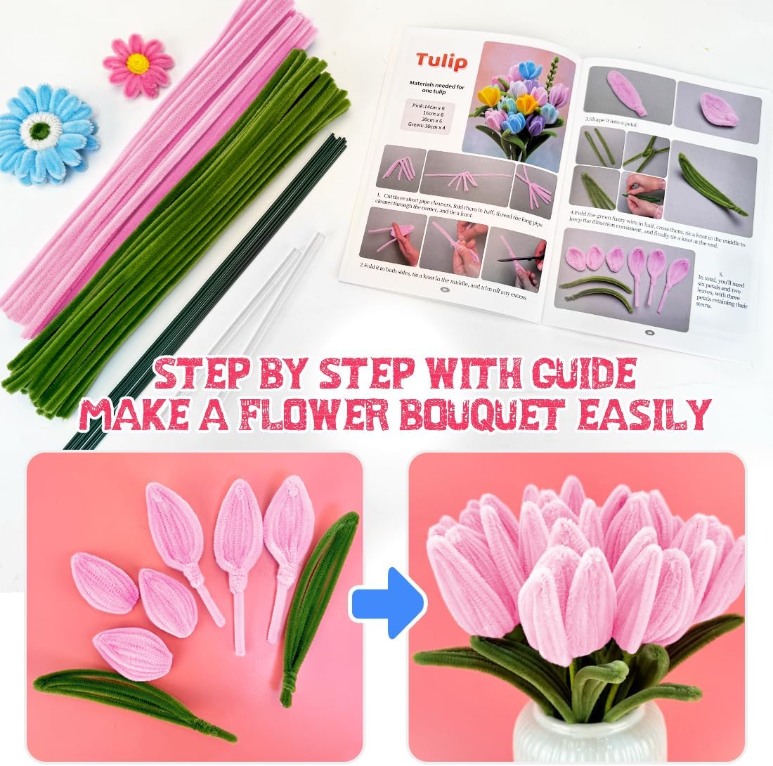 IOOLEEM Pipe Cleaners, 480pcs Pink, Flower Making Kit, Arts and Craft Supplies, Ideas for Art Project Activity.