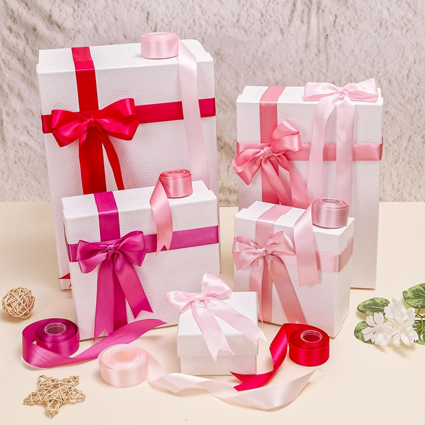 1 Inch Pink Satin Ribbons for Crafts, 6 Rolls Single-Faced Pink Assorted Ribbons for Gift Wrapping Flower Bouquet Wedding Invitations Bridal Shower Hair Bows Garland Party Decor