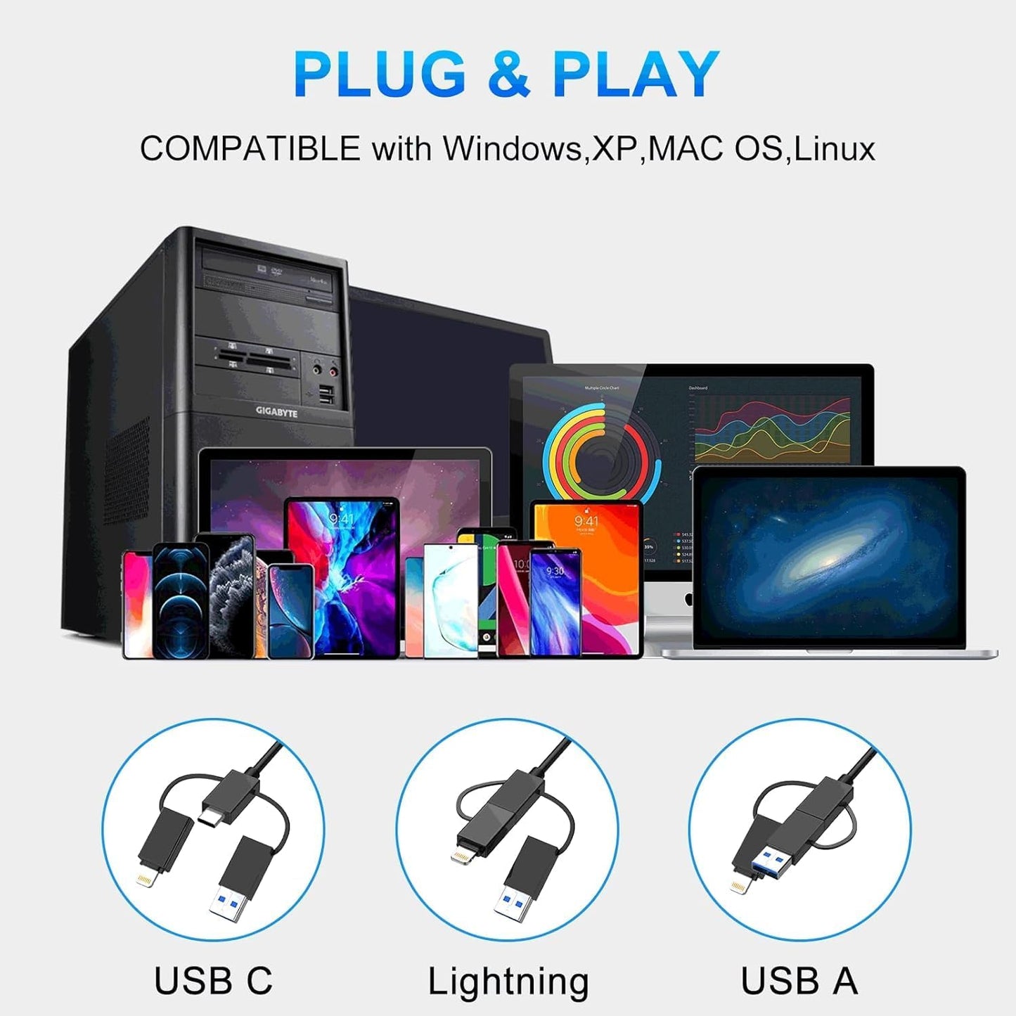 Memory Stick Pro Duo Adapter, Memory Card Reader for MS/XD/CF/SD Card - 7-in-1 Card Reader/Adapter for Windows, Mac, iOS, Android(USB-A + USB-C + Lightning)