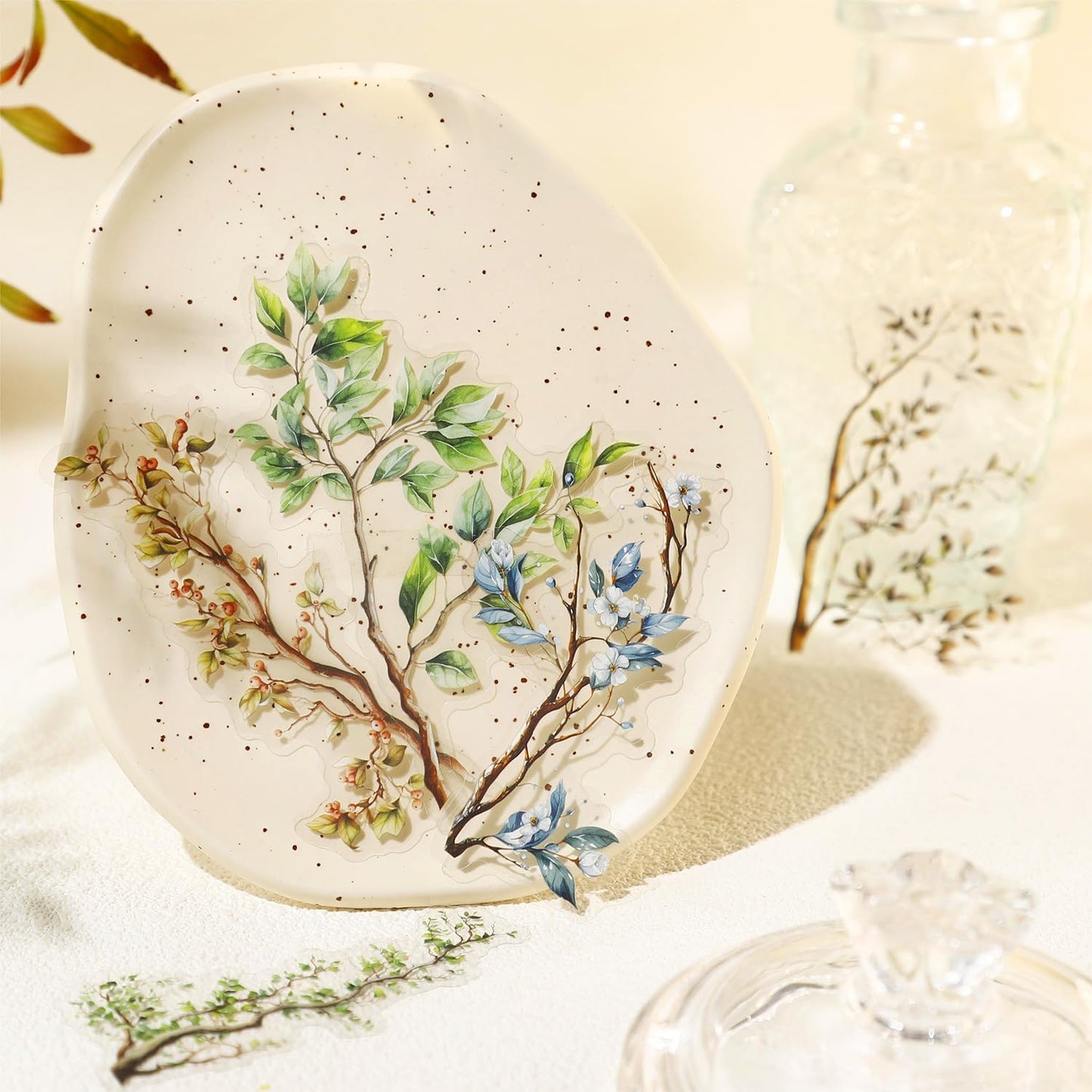 120Pcs Botanical PET Stickers, Branch and Leaf Designs for Scrapbooking Waterproof Journaling Supplies Junk Journal Ephemera with Storage Organizer