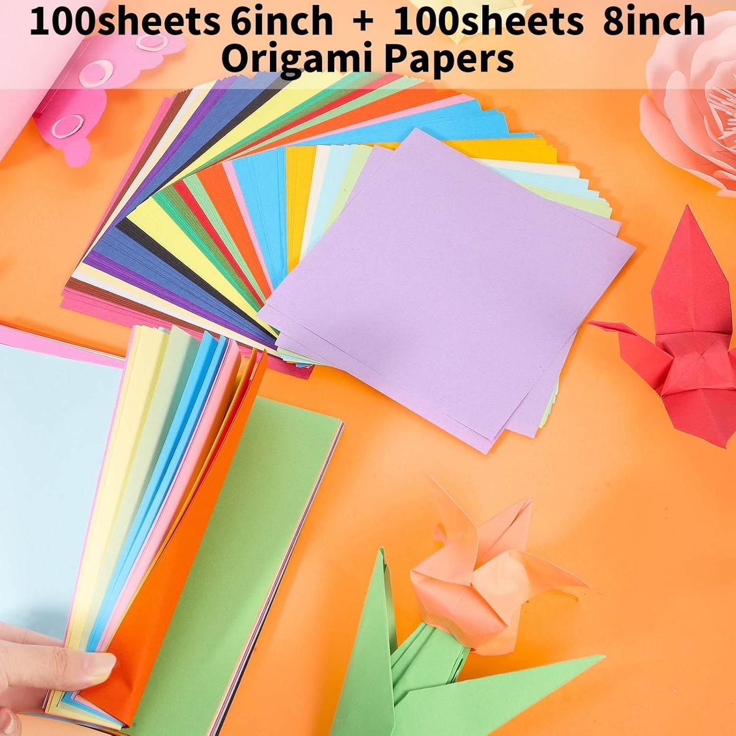 Square Origami Paper, 200 Sheets, 20 Colors Origami Kit for Kids Ages 8-12, Double Sided Colored Paper Folding Paper Origami Paper for Crafts(100 pcs of 6×6in & 100pcs of 8×8in)