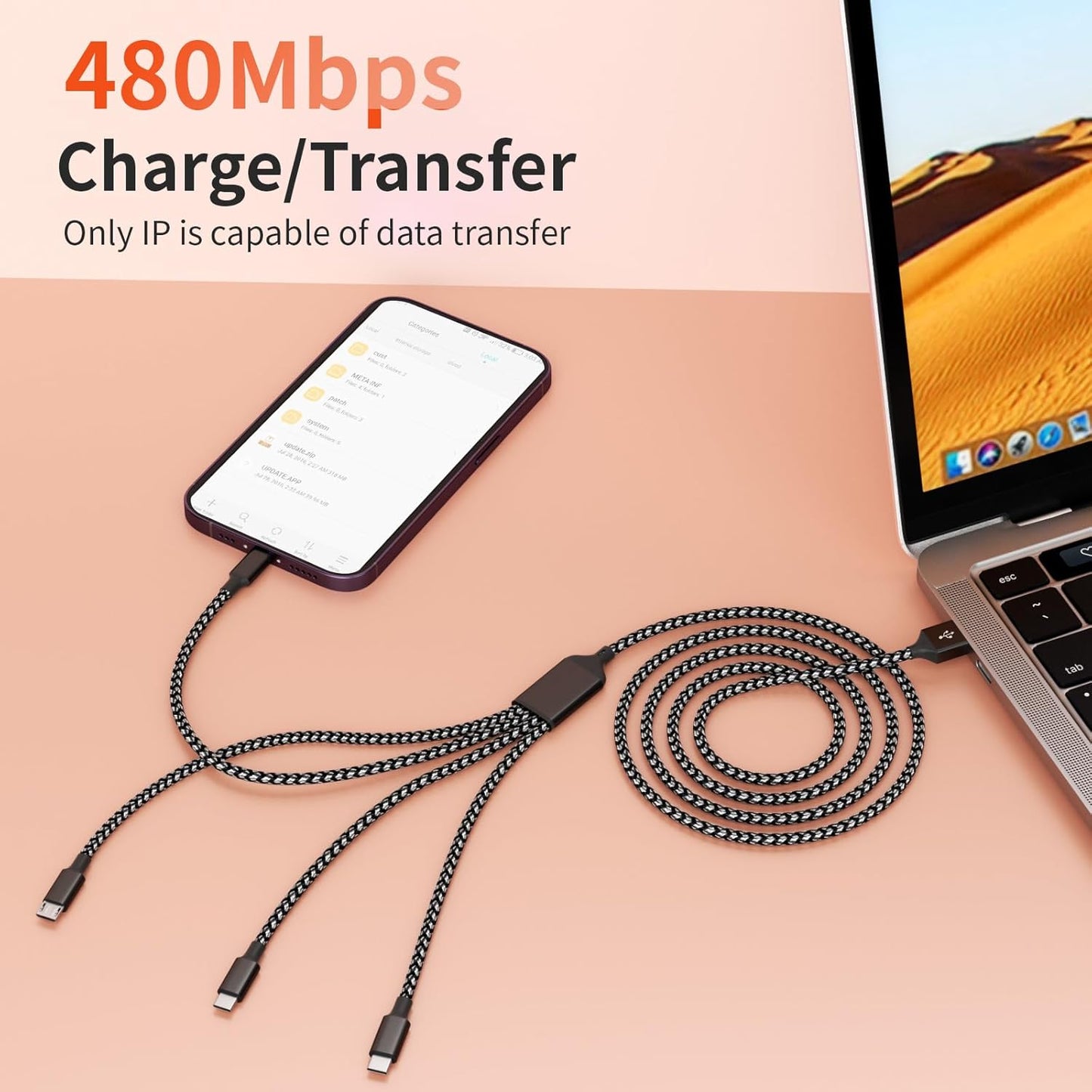 Multi Charging Cable,Dual Type-C Multiple Charger Cable Nylon Braided 4 in 1 Multi USB Cable Charging Cord with IP/Type C/Micro USB Ports for Cell Phones/iPhone/Tablets/Galaxy & More-1Pack 5Ft