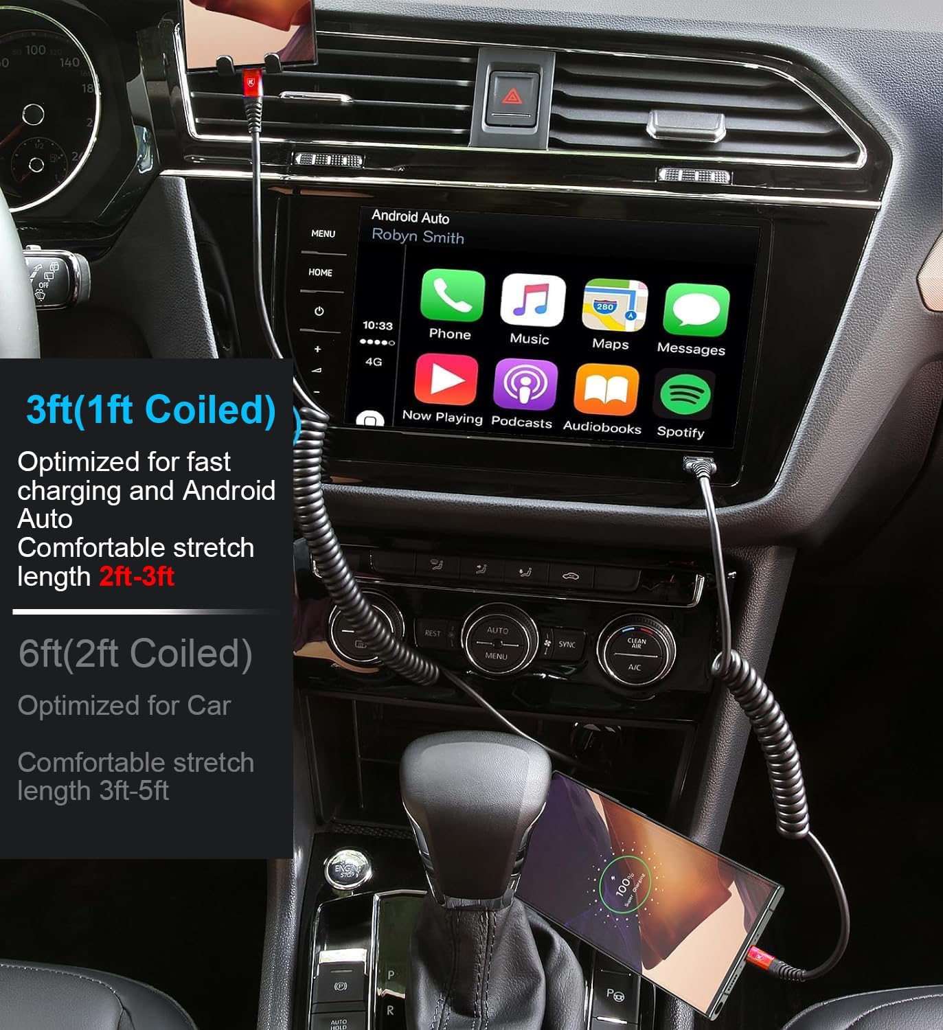 KIYODA Coiled USB C Cable for Car 3FT & 6FT, USB C to USB C Fast Charging Cable USB Type C Cord Compatible with iPhone 17/16/15/Plus/Pro/Pro Max/MacBook Pro 2020/iPad Pro 2020/Samsung Galaxy S23-Red