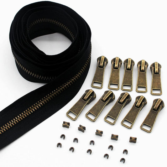 #5 Antique Brass Metal Zippers by The Yard Bulk 2 Yards Black Tape with 10 pcs Sliders Handmade Zipper for Sewing Craft Bag Backpack, Wallets, Purses Leekayer