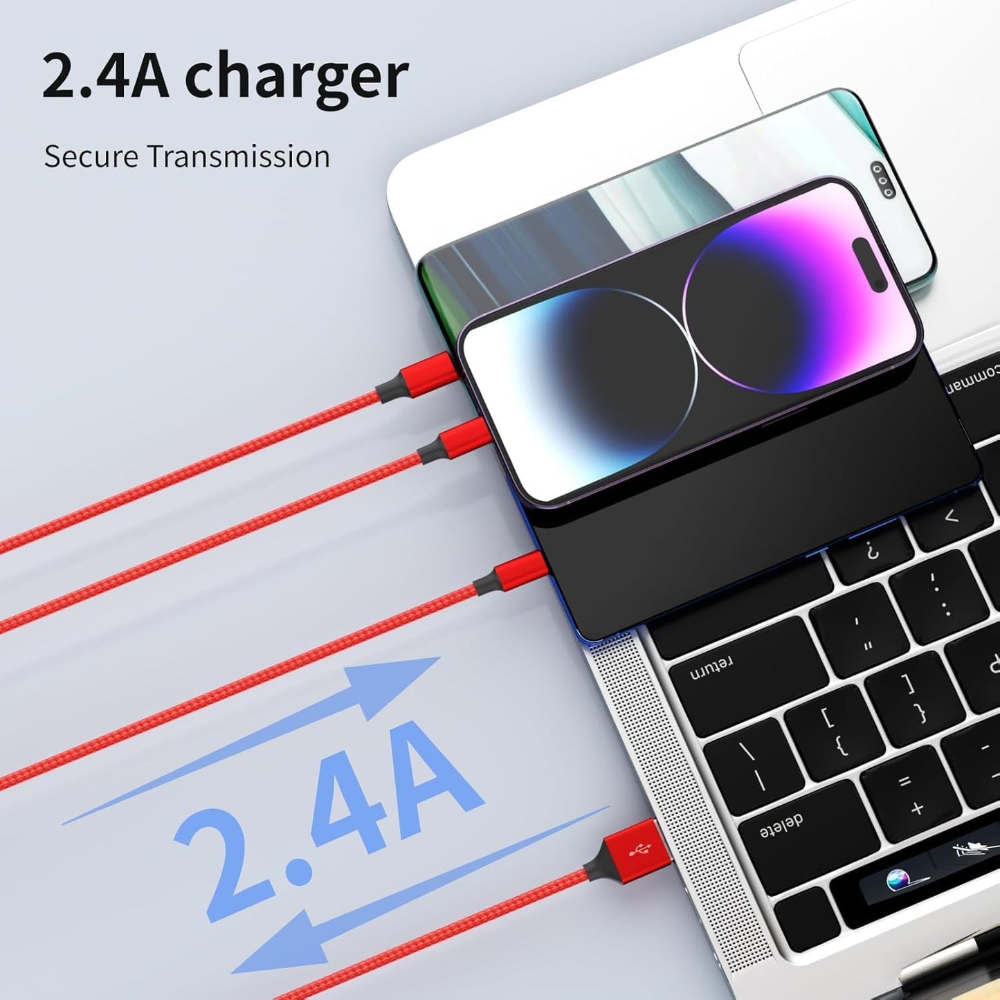 Multi Charging Cable, (2 Pack 4FT) Multi USB Charger Cable 3 in 1 Charging Nylon Braided Charging Cord with Type-C, Micro USB, IP Port for Most Phones/iPhones/Tablets, Red